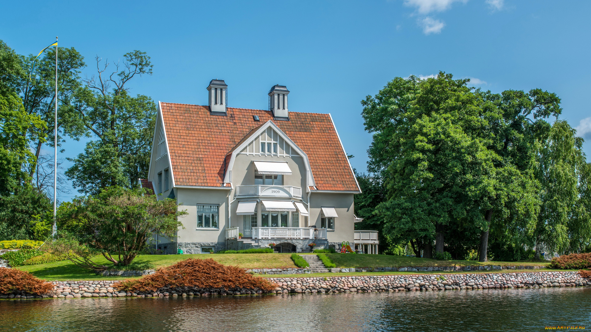 города, стокгольм, швеция, nacka, дом, река, растения