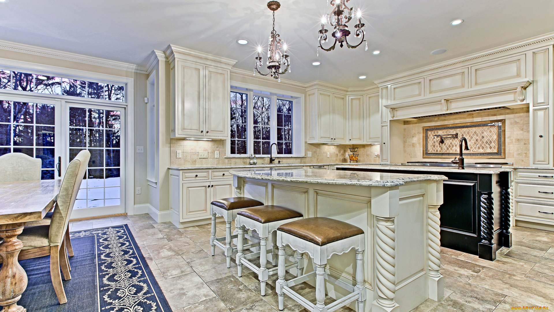 интерьер, кухня, стулья, столы, люстры