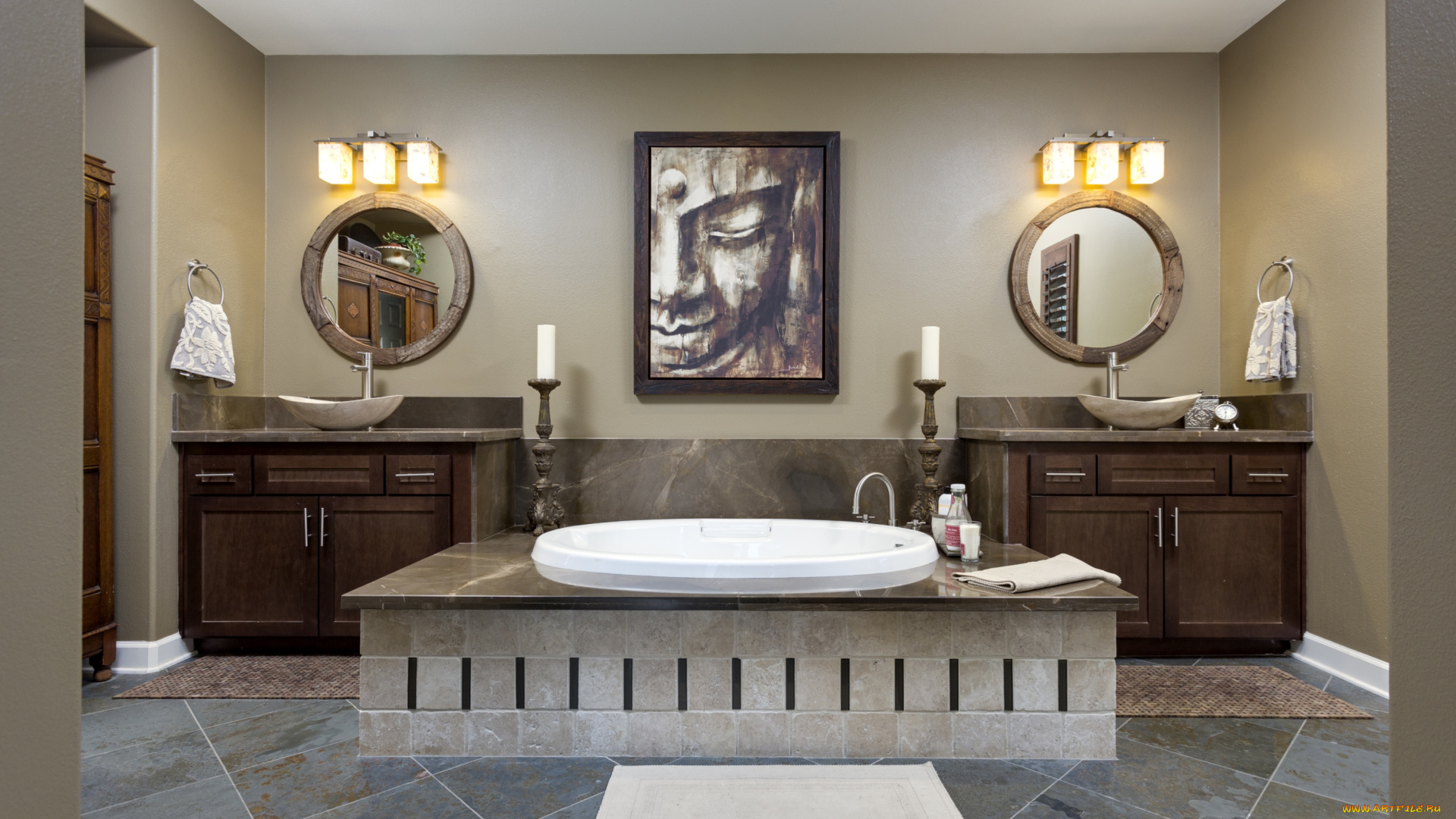 интерьер, ванная, туалетная, комнаты, умывальники, ванна, картина