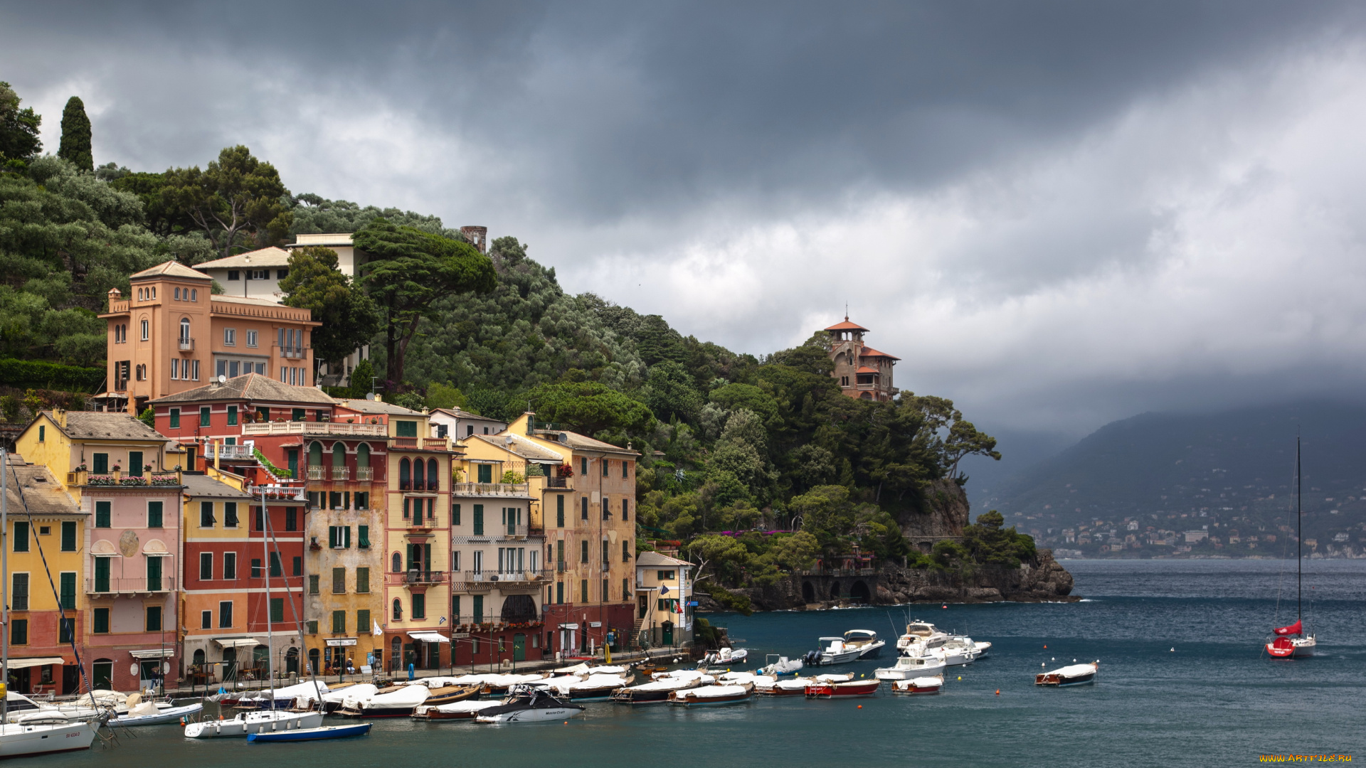 portofino, италия, города, амальфийское, лигурийское, побережье, скала, дома, море