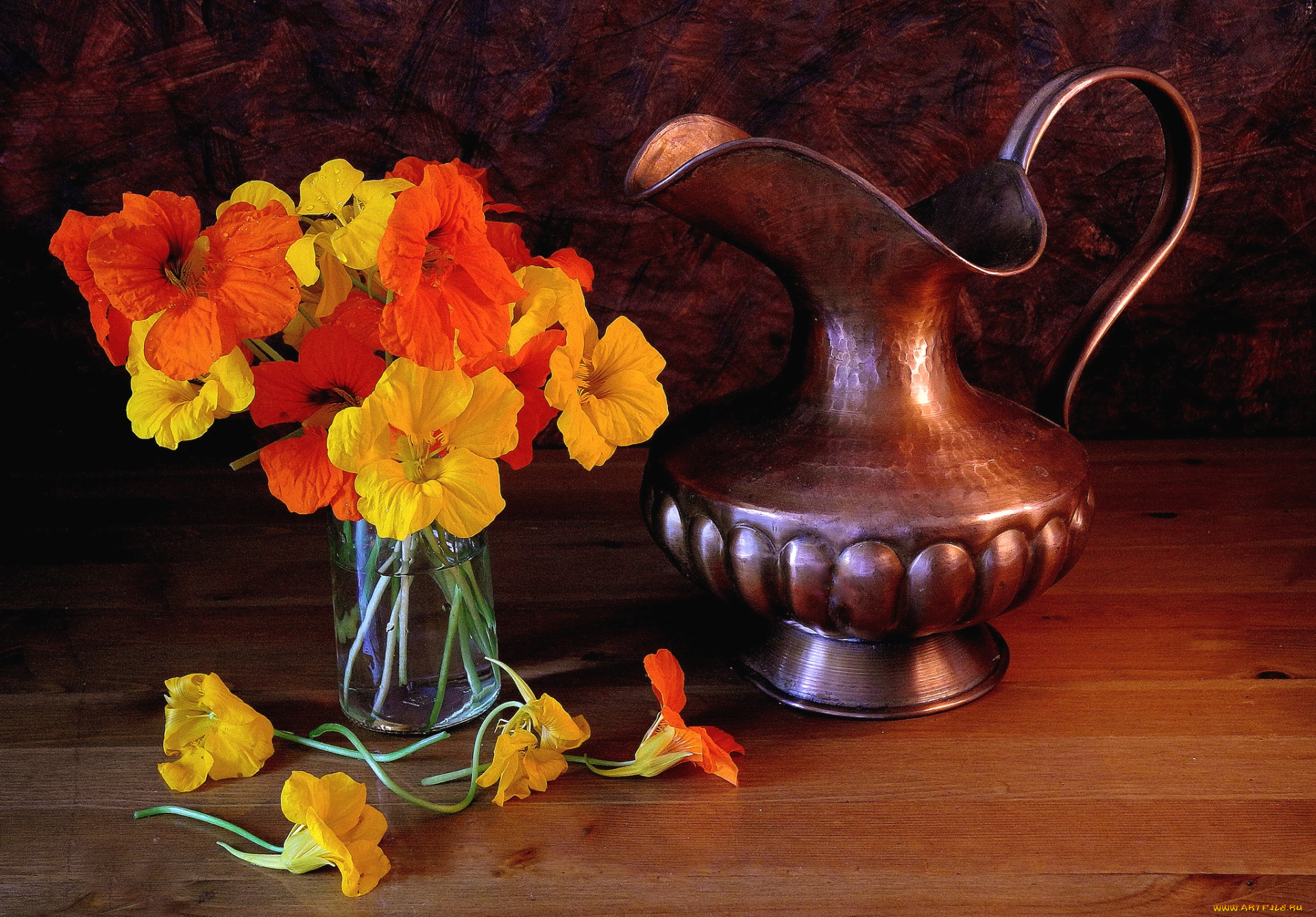 цветы, настурции, кувшин, букет