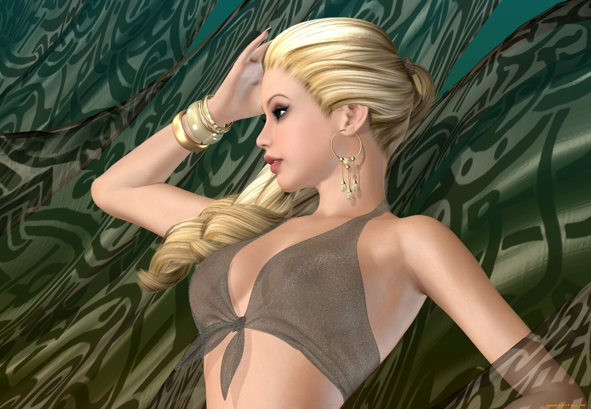 3д, графика, people, люди, девушка, блондинка, грудь, серьги