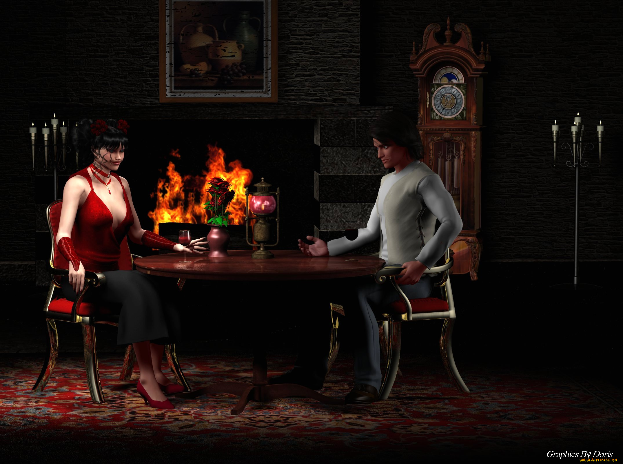 3д, графика, people, люди, стол, камин