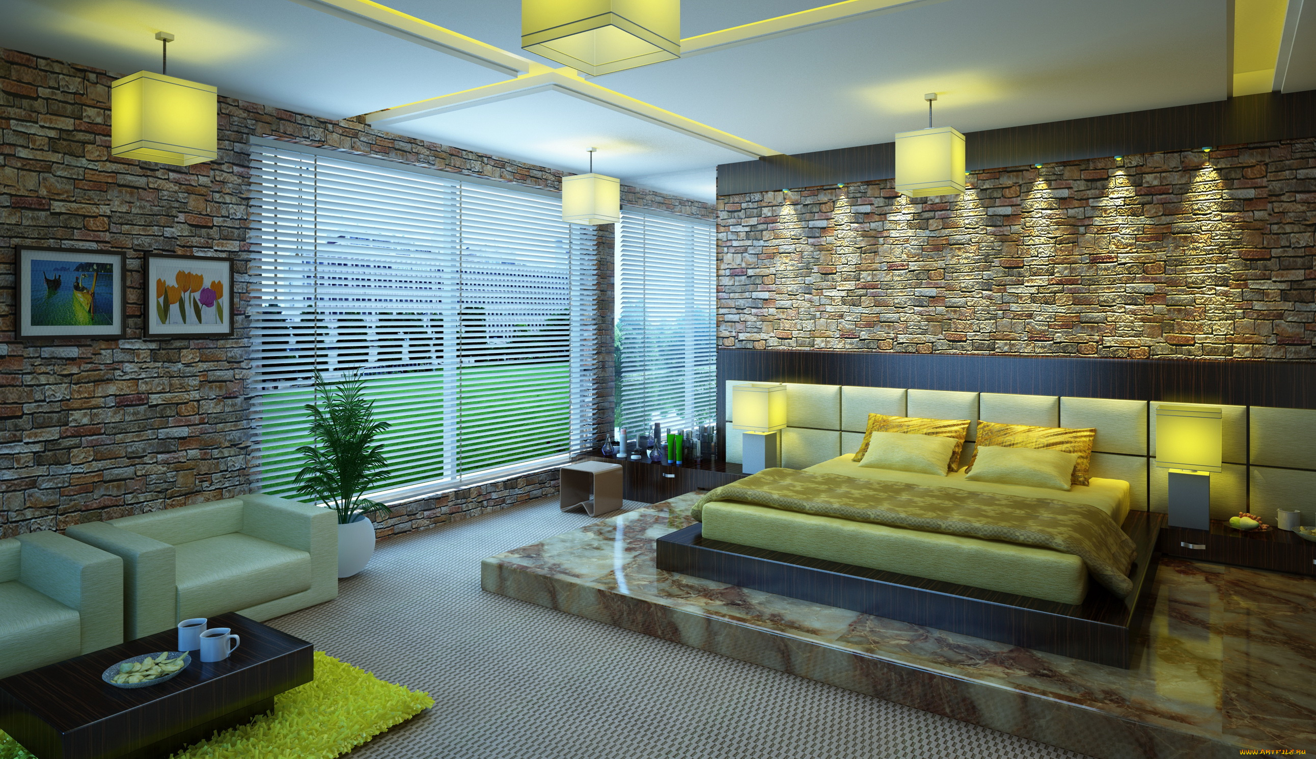 3д, графика, realism, реализм, окно, интерьер, кровать, спальня, комната, жалюзи, дизайн, потолок