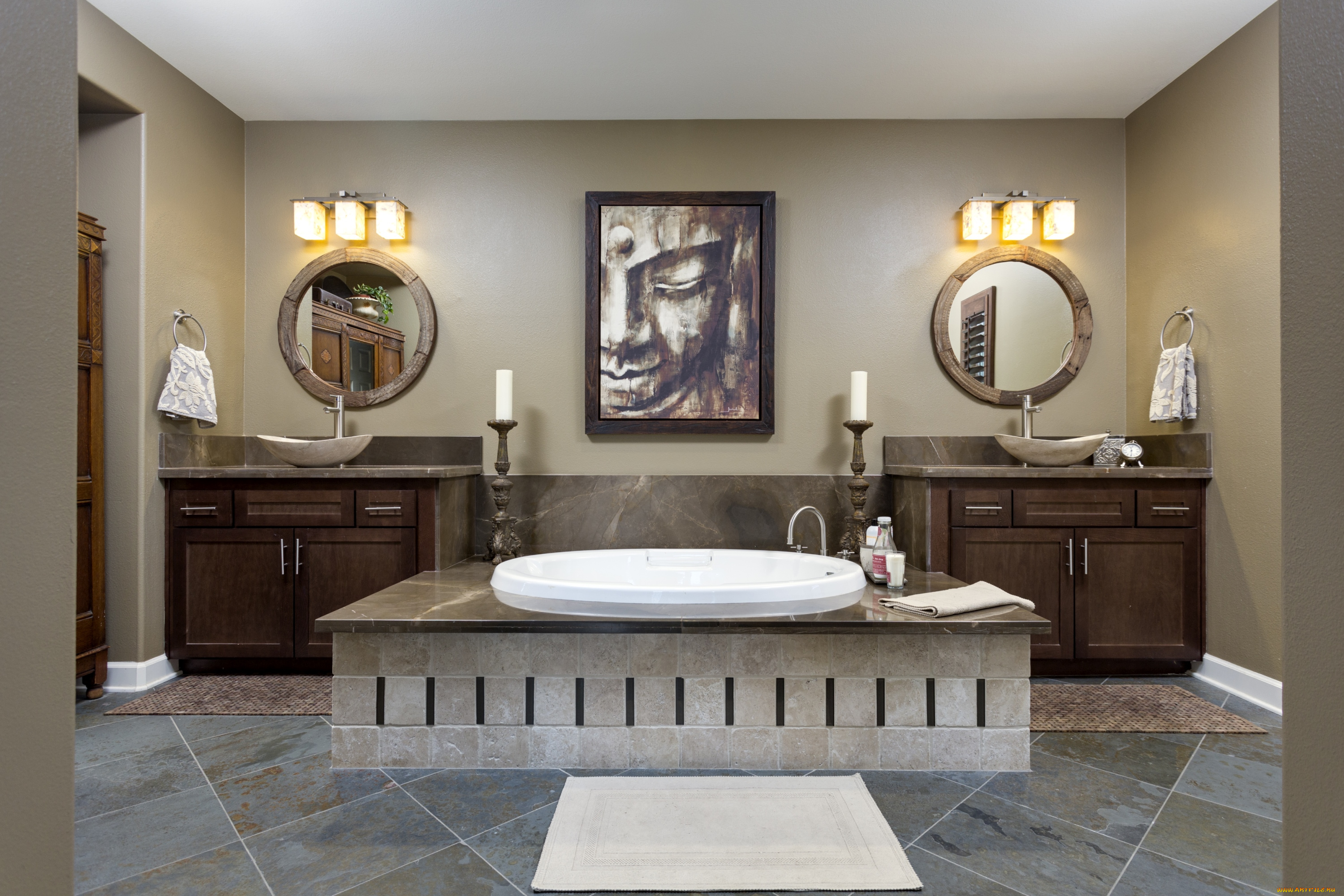 интерьер, ванная, туалетная, комнаты, умывальники, ванна, картина