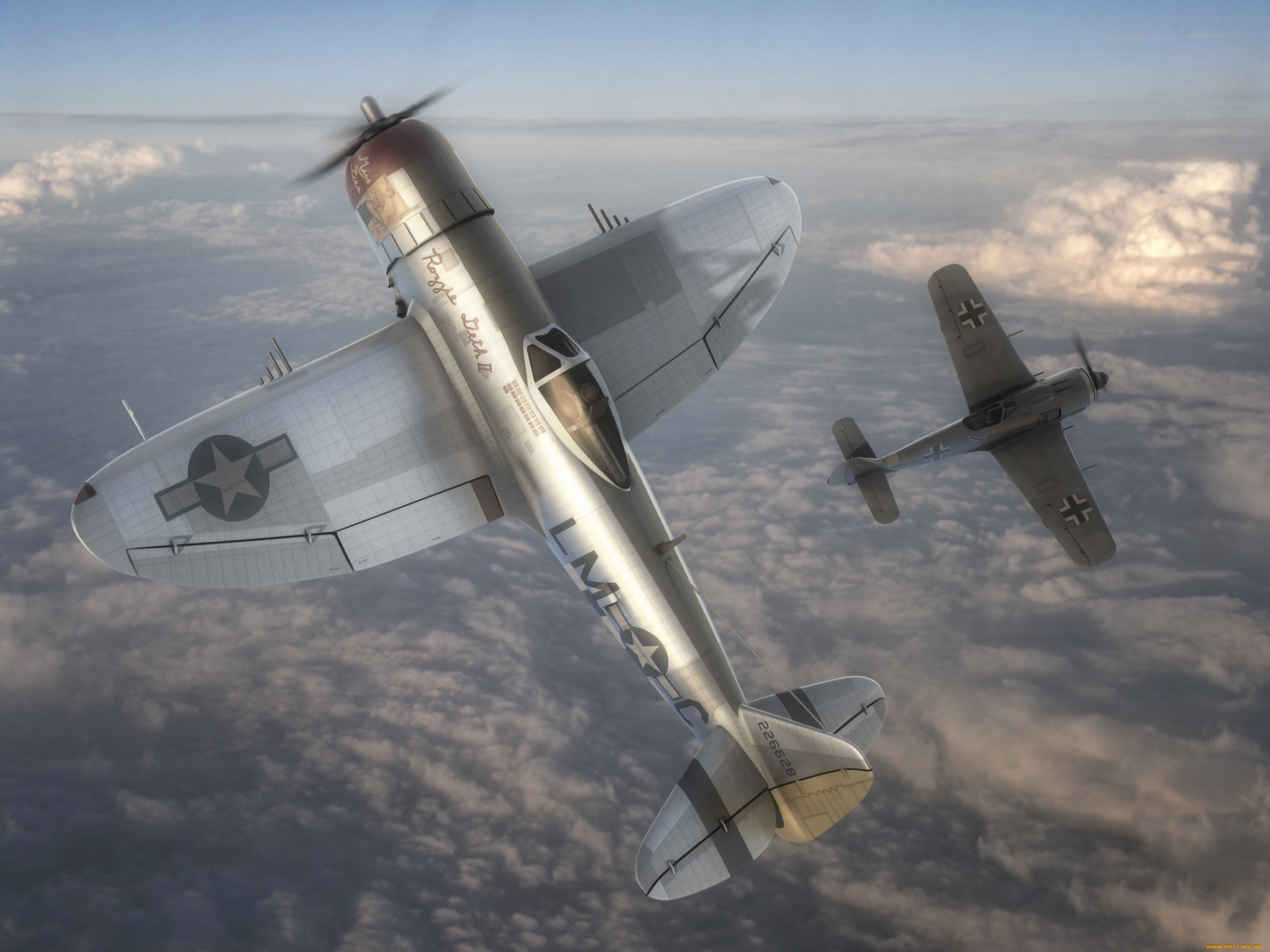авиация, 3д, рисованые, graphic, небо, самолеты, p-47, vs, истребители, полет, focke-wulf, fw, 190