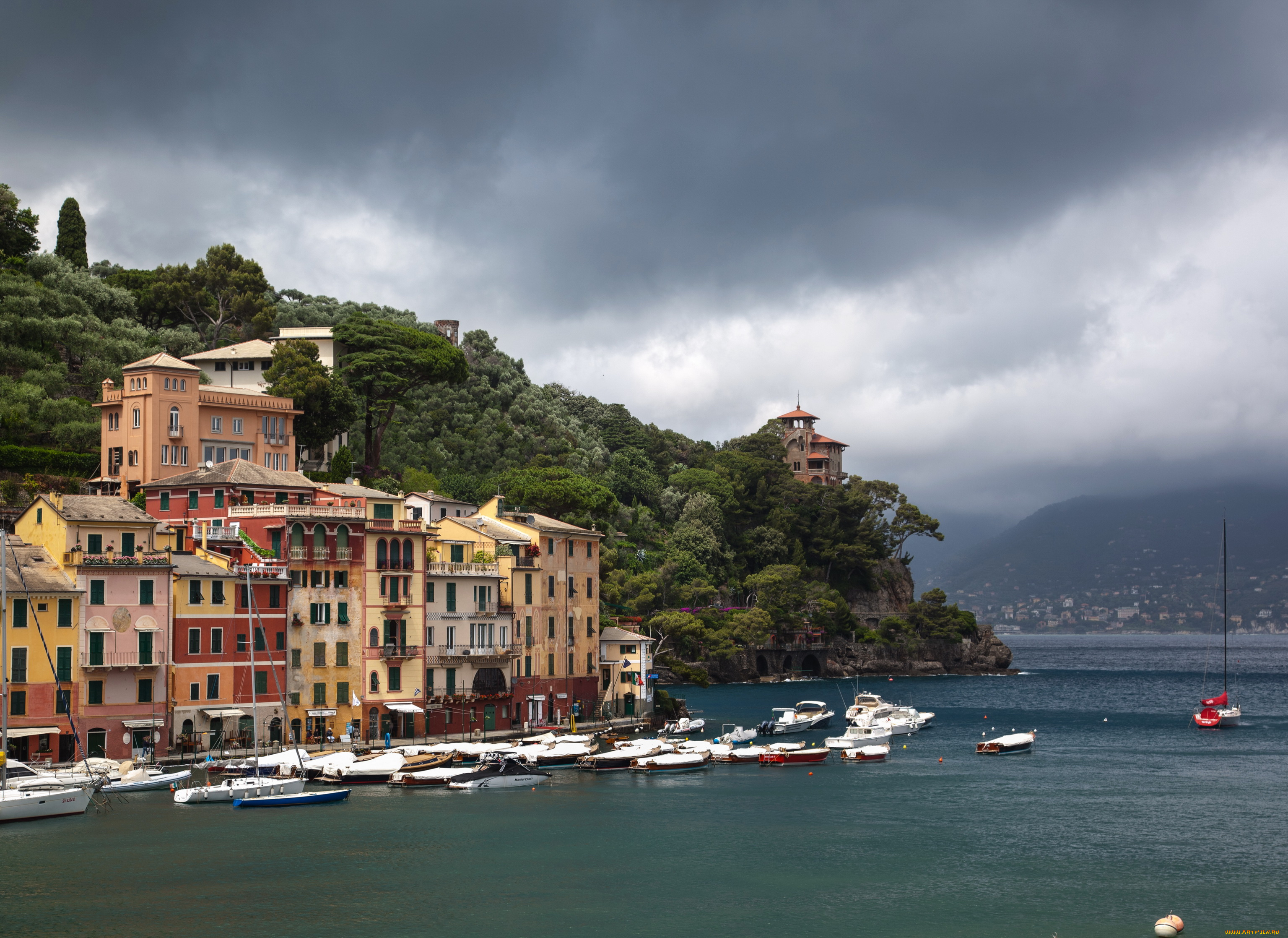 portofino, италия, города, амальфийское, лигурийское, побережье, скала, дома, море