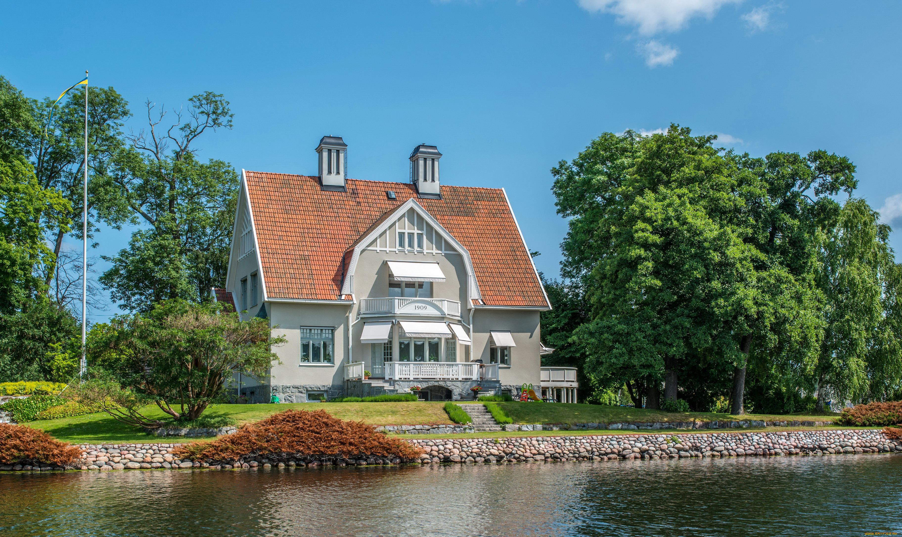 города, стокгольм, швеция, nacka, дом, река, растения