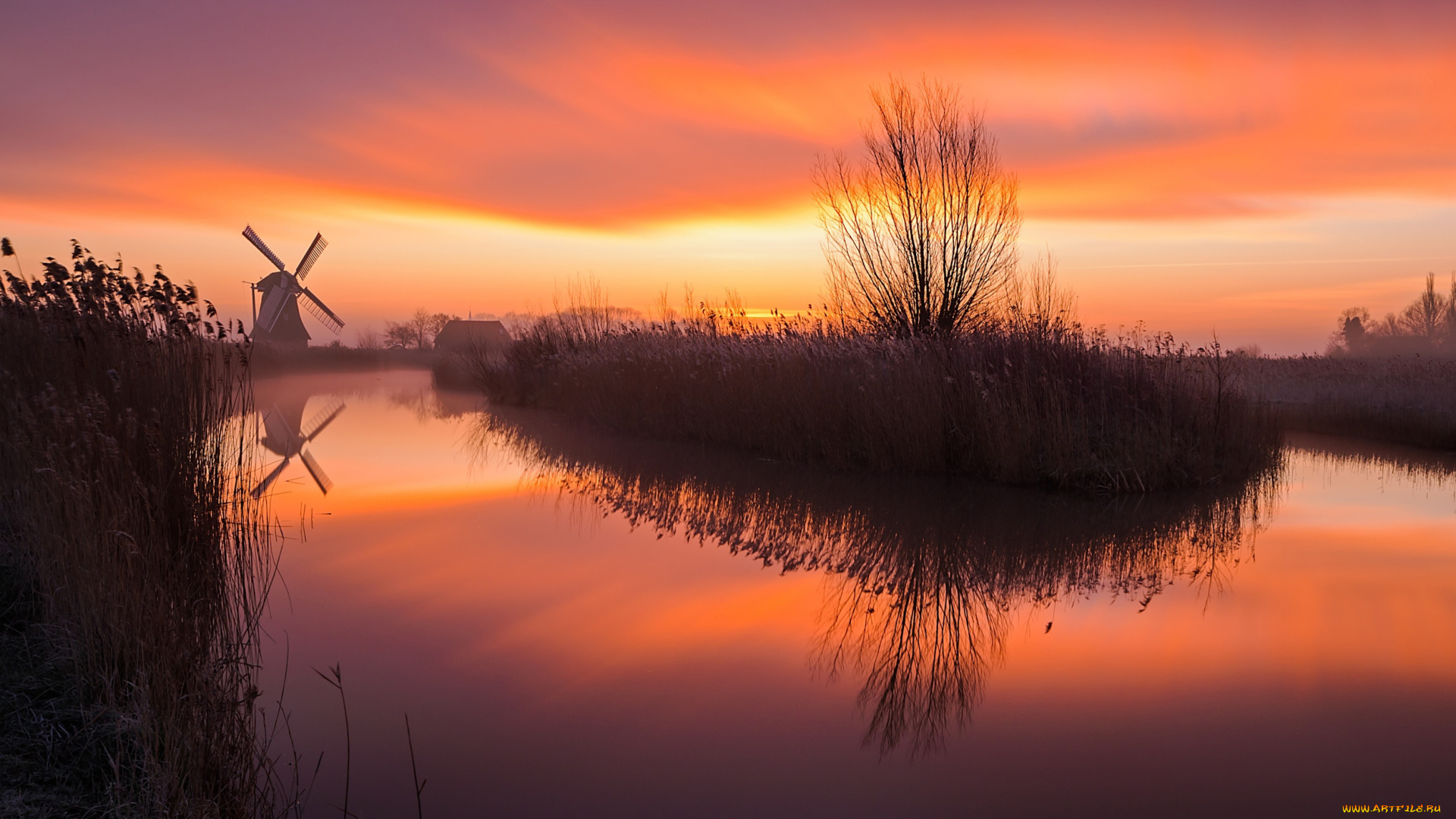 разное, мельницы, мельница, туман, восход, река