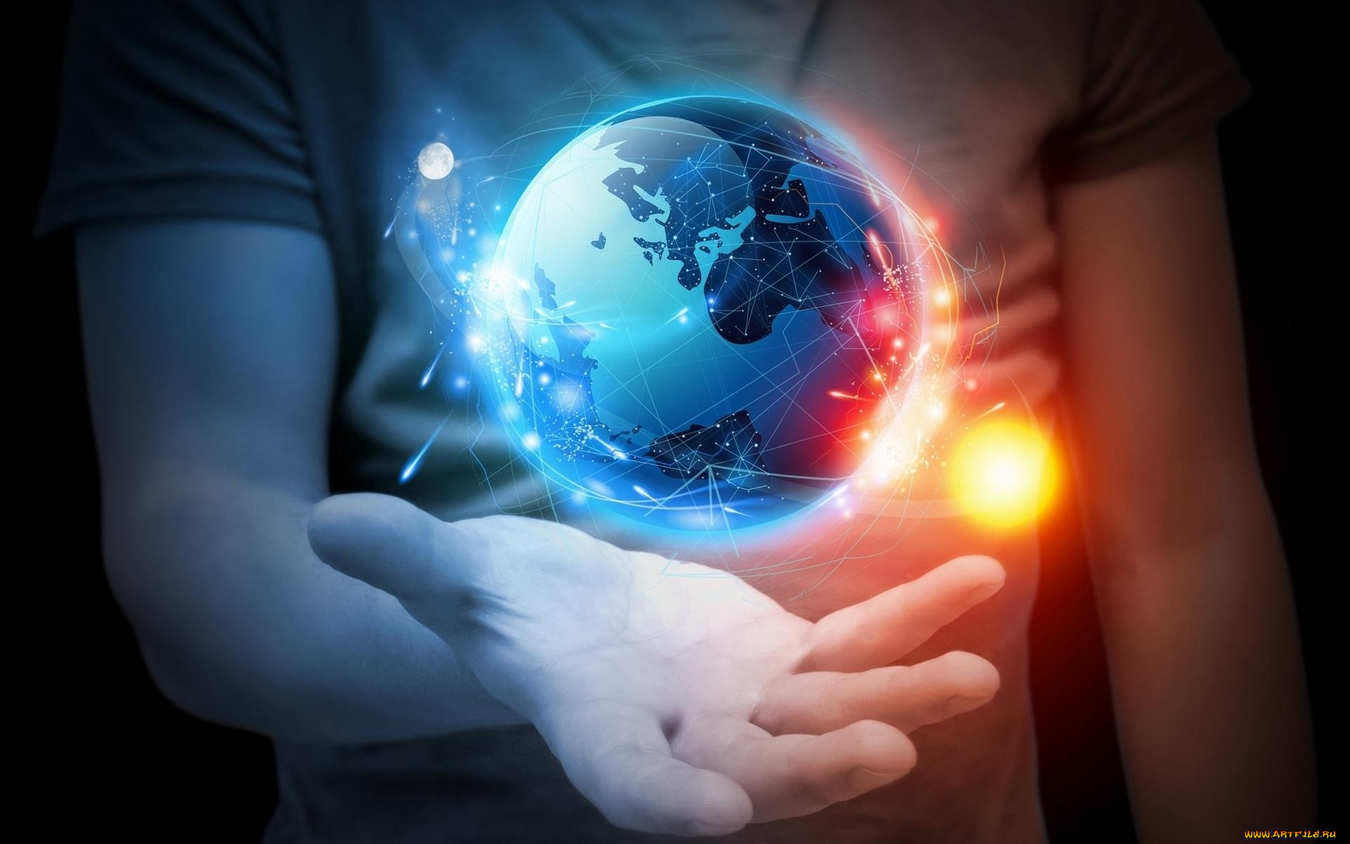 разное, компьютерный, дизайн, шар, луна, планета, спутник, звезда, парень, человек, солнце, ладонь, рука, футболка, земля
