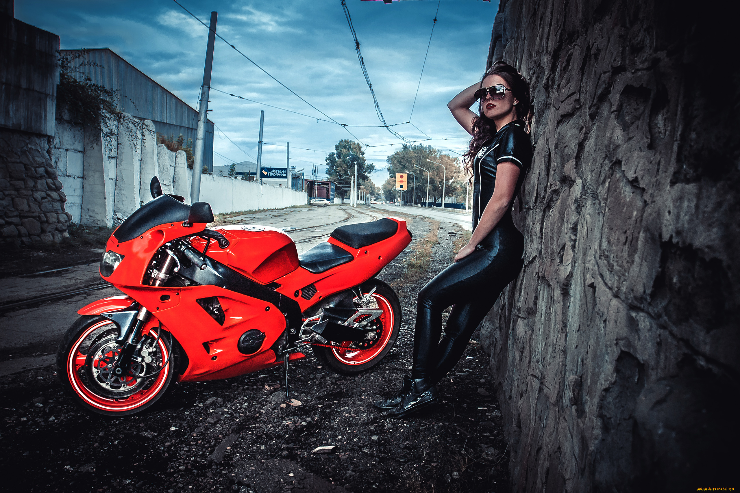 мотоциклы, мото, с, девушкой, мото, красный