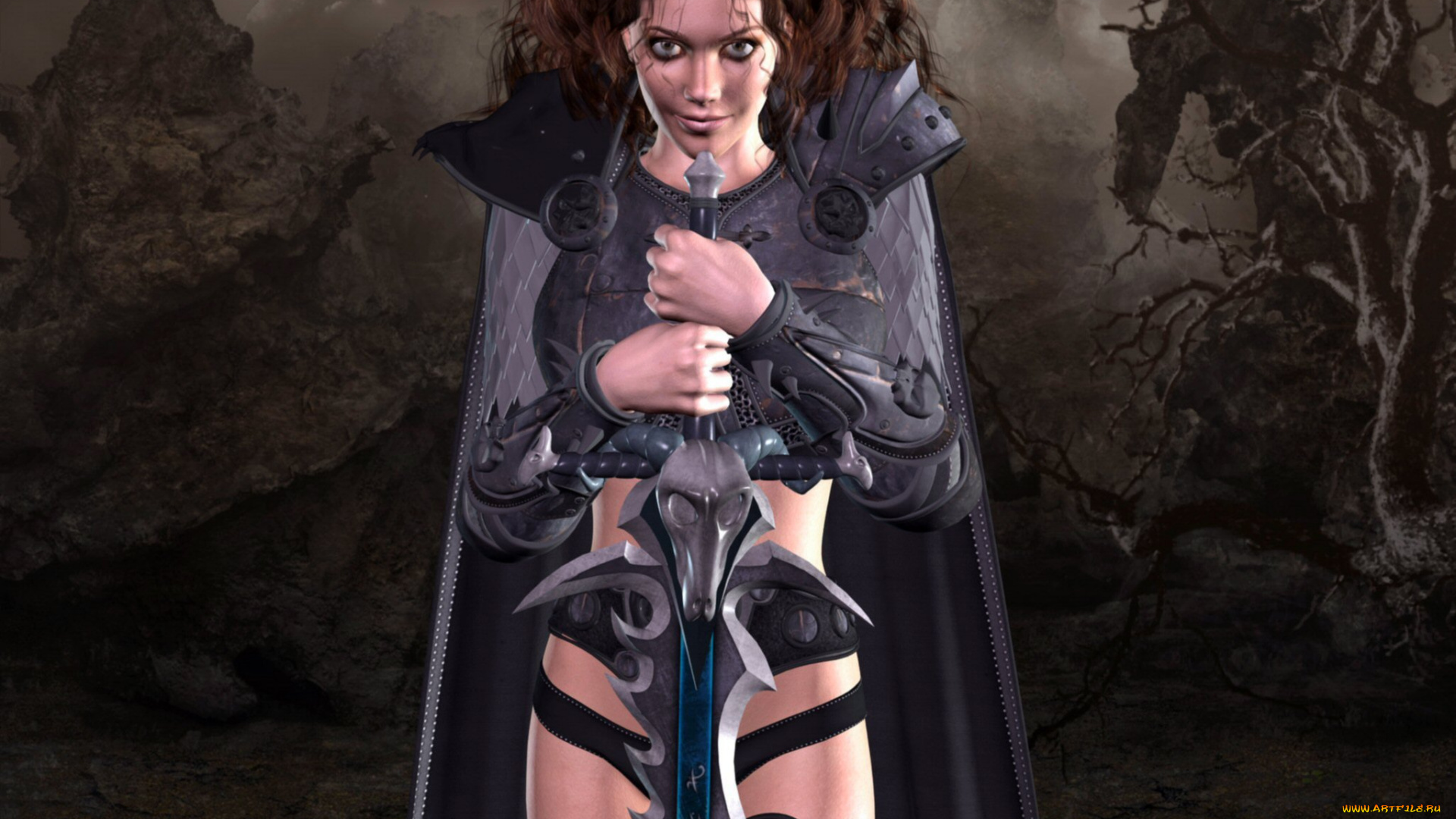 3д, графика, амазонки, , amazon, взгляд, девушка, улыбка, оружие, фон