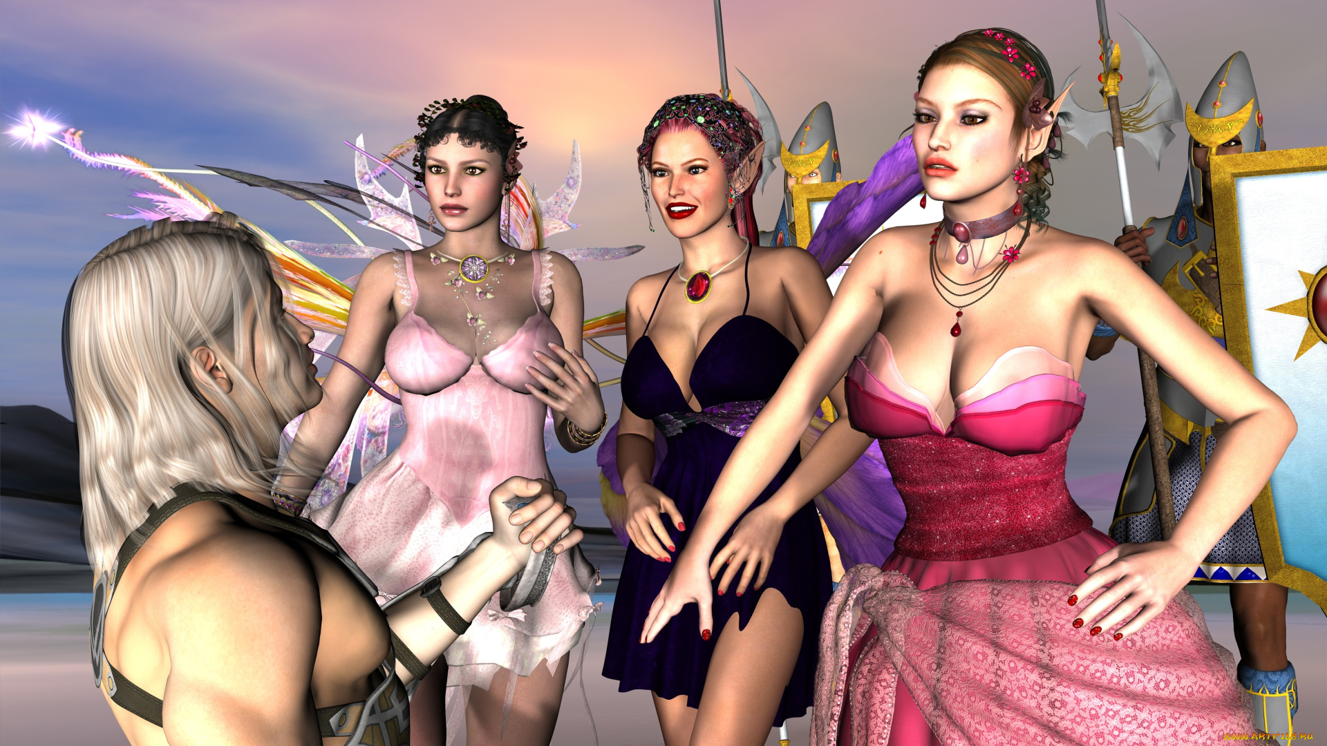 3д, графика, эльфы, , elves, парень, фон, взгляд, эльфийки