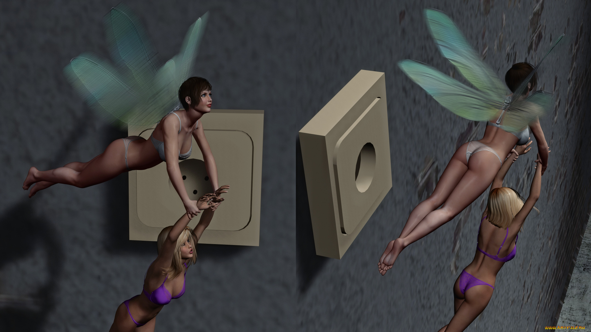 3д, графика, эльфы, , elves, полет, феи, девушки, фон, взгляд