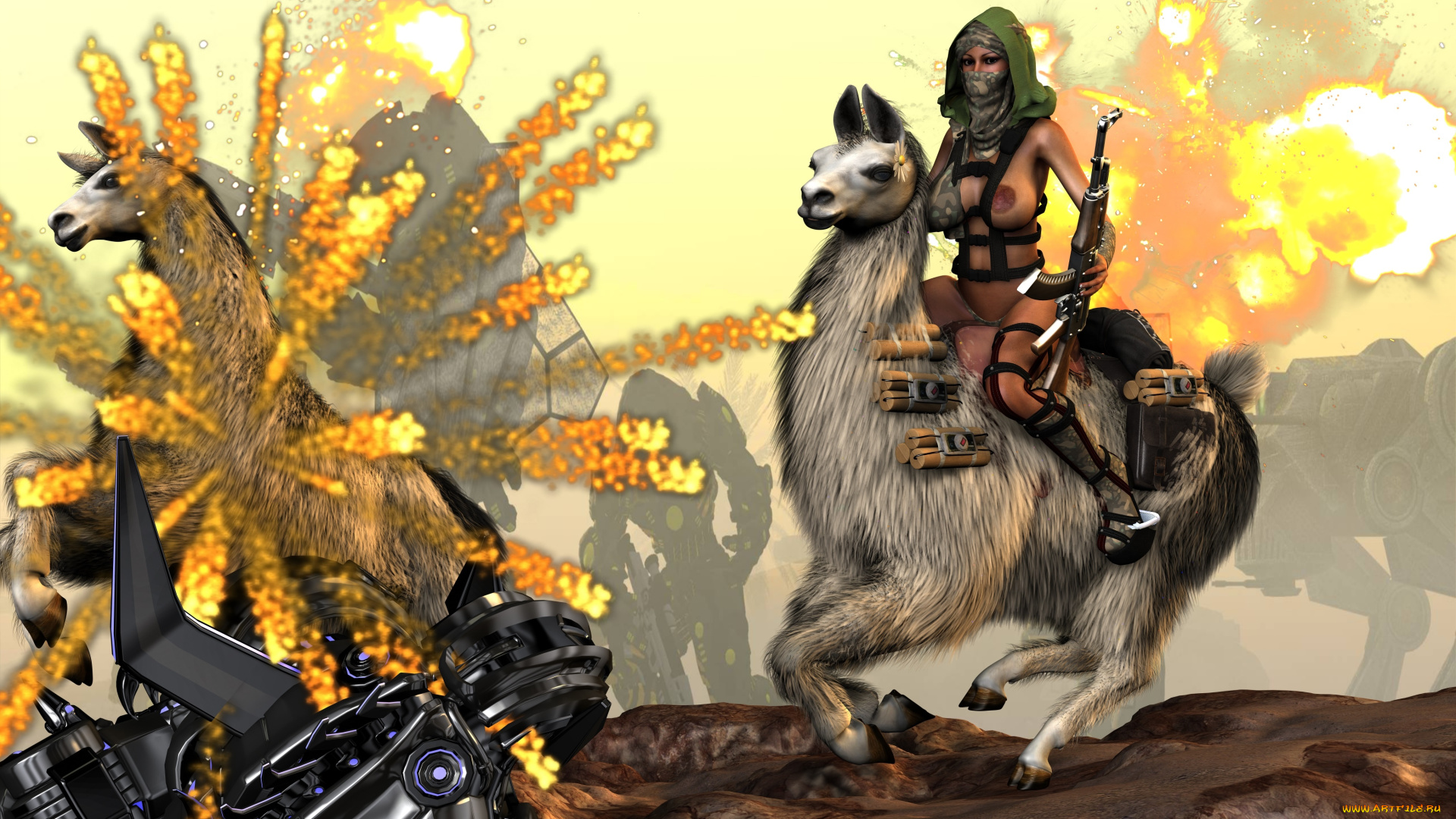 3д, графика, фантазия, , fantasy, ламы, фон, взгляд, взрыв, девушка