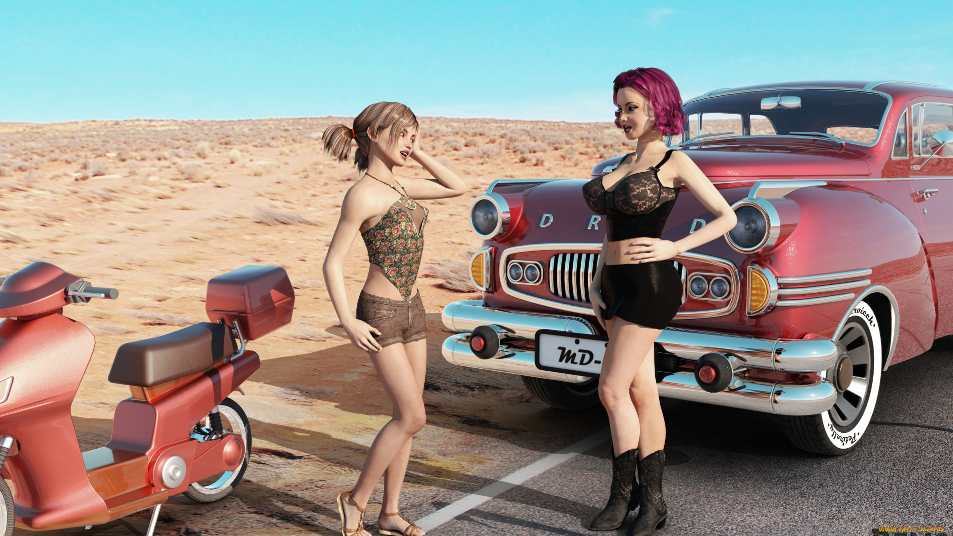 3д, графика, люди, , people, девушки, взгляд, фон, автомобиль, мотоцикл
