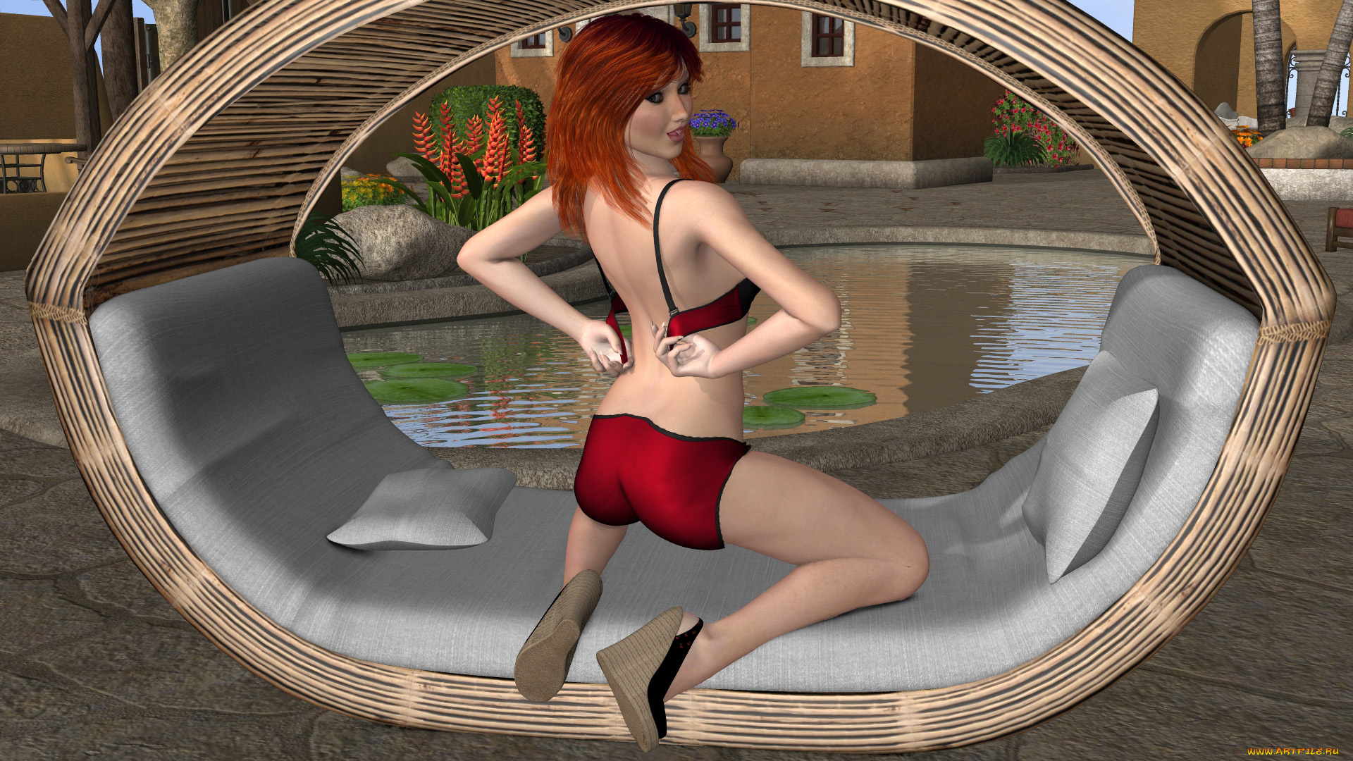3д, графика, люди, , people, фон, взгляд, девушка, рыжая, бассейн, шизлонг
