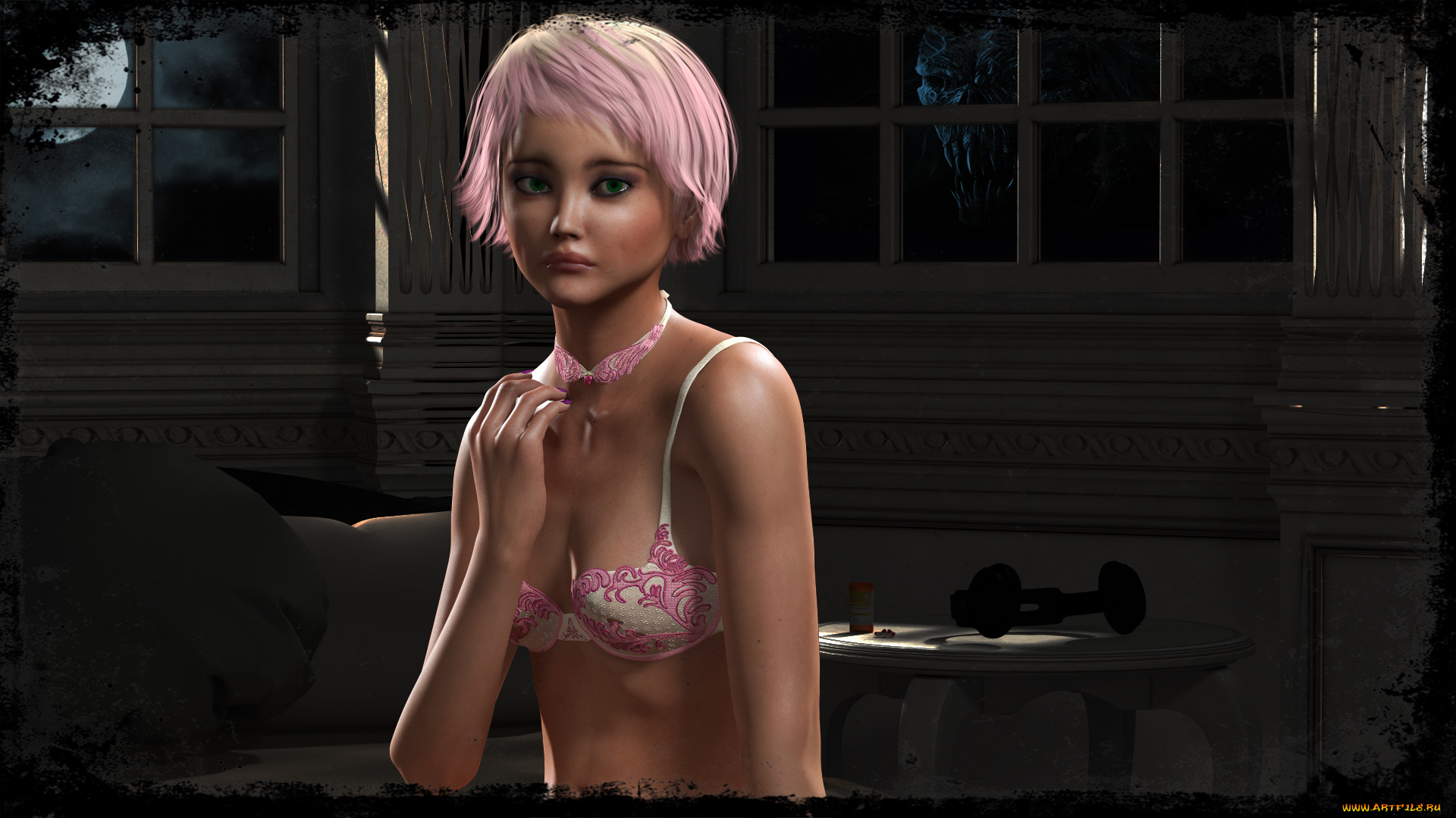 3д, графика, люди, , people, луна, окно, фон, взгляд, девушка