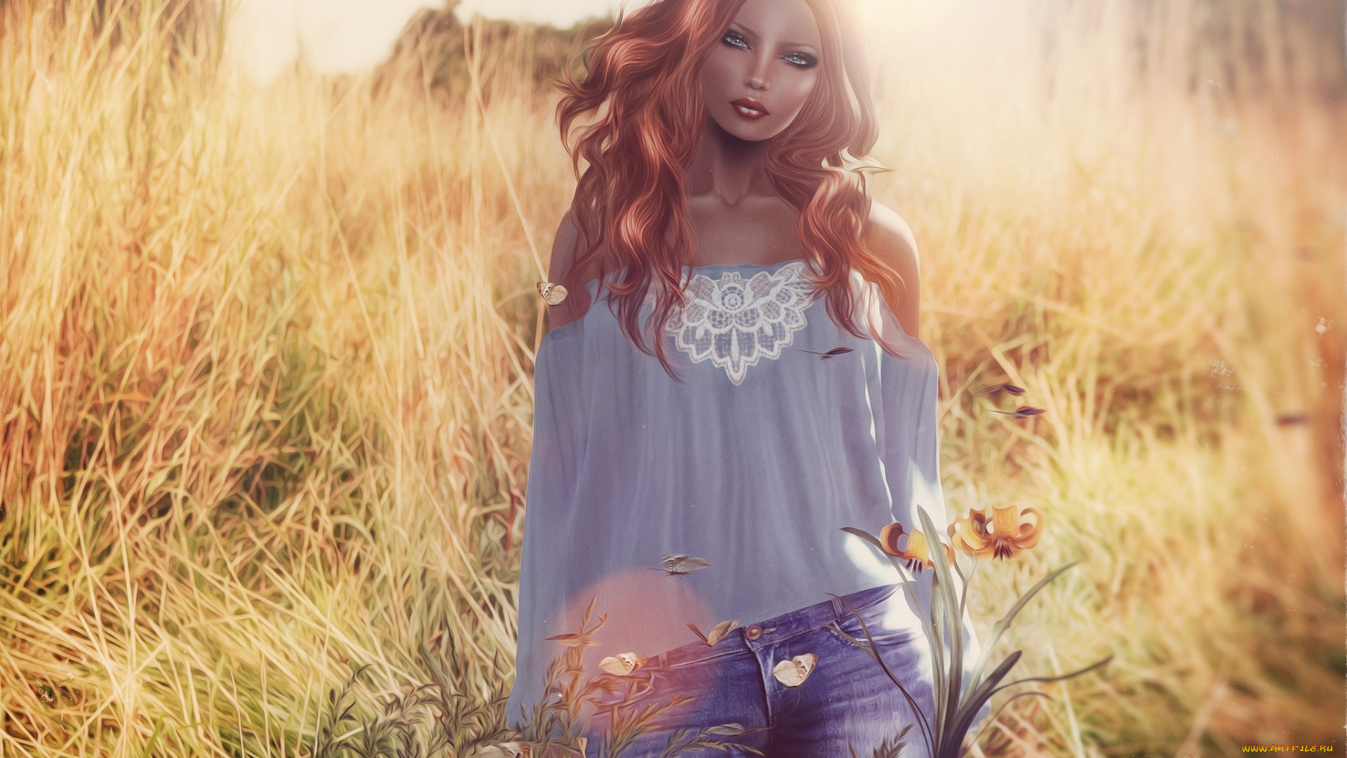 3д, графика, люди, , people, рыжая, лето, джинсы, поле, девушка