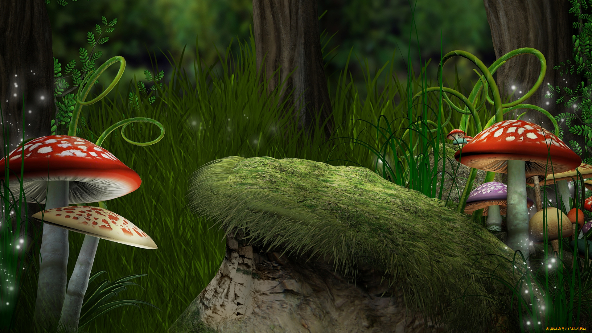 3д, графика, природа, , nature, лес, трава, папоротники, мухоморы, грибы