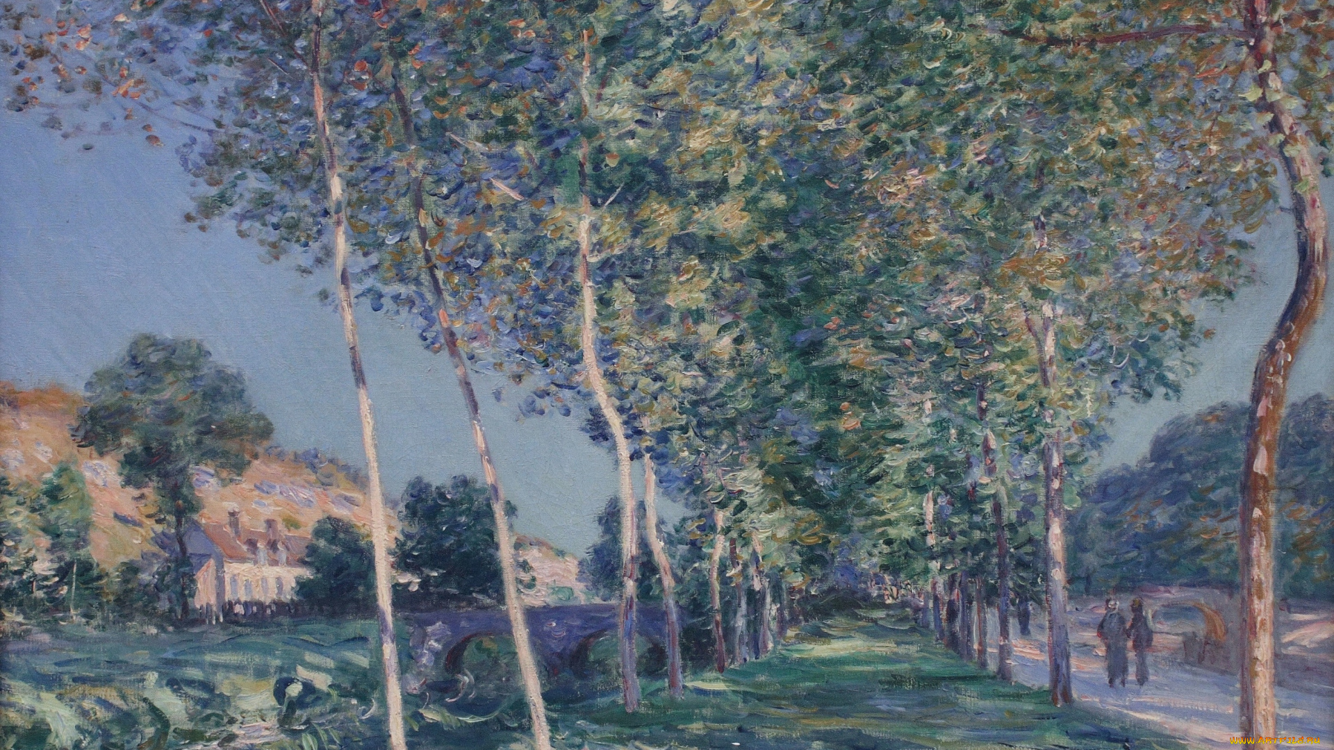 alley, of, poplars, in, the, outskirts, of, moret, sur, loing, рисованное, alfred, sisley, деревья, аллея, дом, люди, дорога