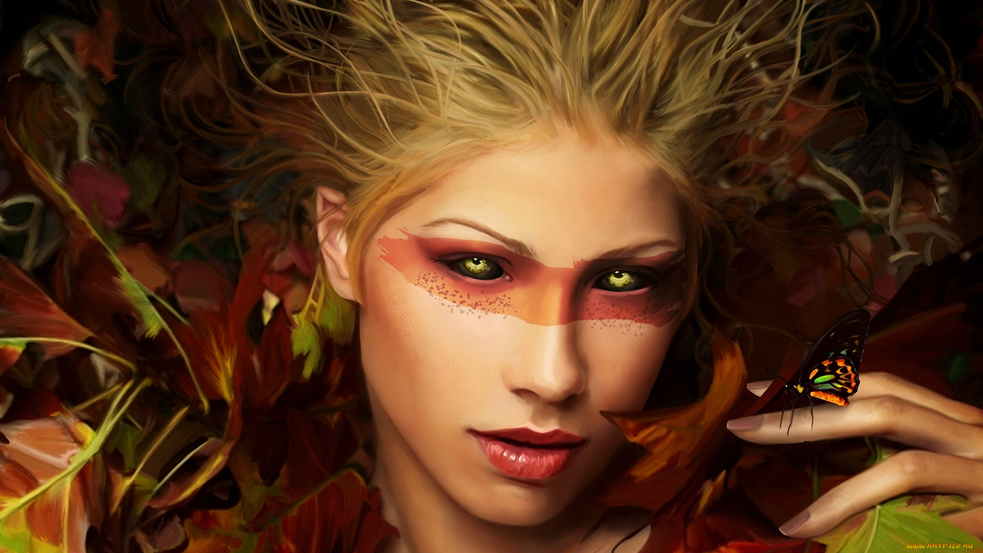 фэнтези, эльфы, арт, девушка, бабочка, лицо, веснушки, осень, листья, тату