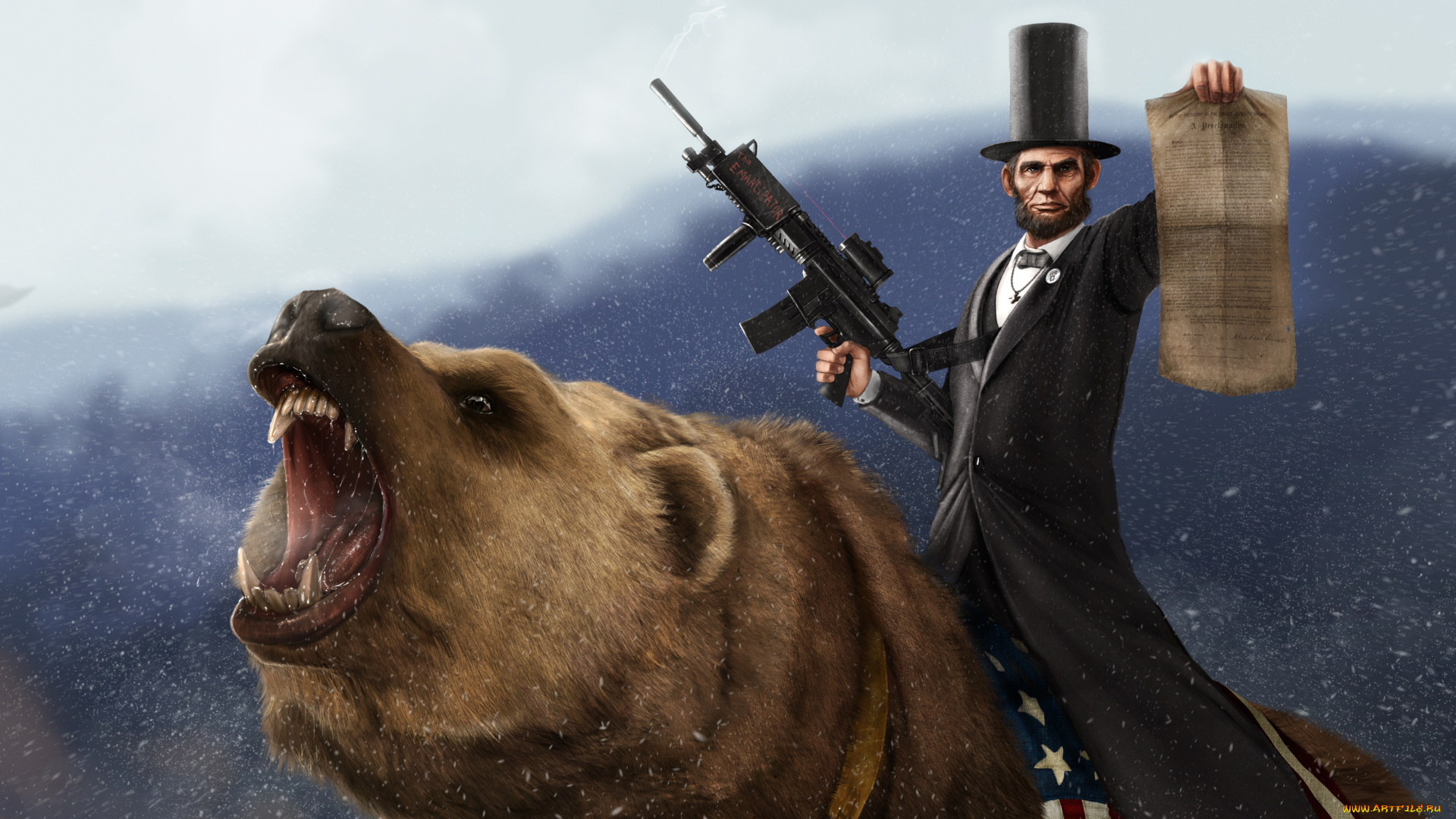 фэнтези, люди, линкольн, оружие, медведь