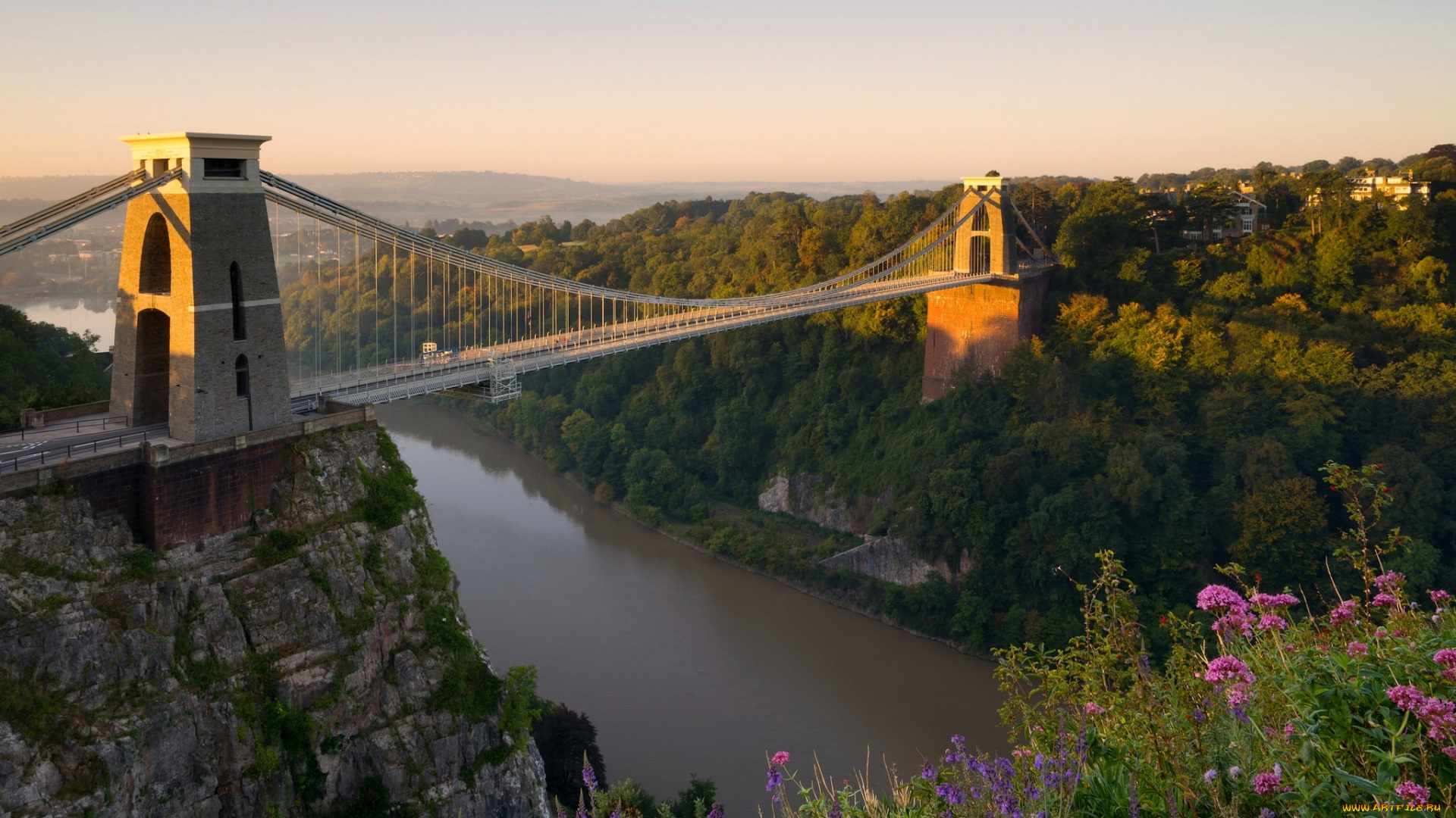 города, -, мосты, bristol, clifton, avon, gorge, панорама, цветы, река, suspension, bridge, мост, эйвон, англия, бристоль, клифтон, эйвонское, ущелье, клифтонский, england, river