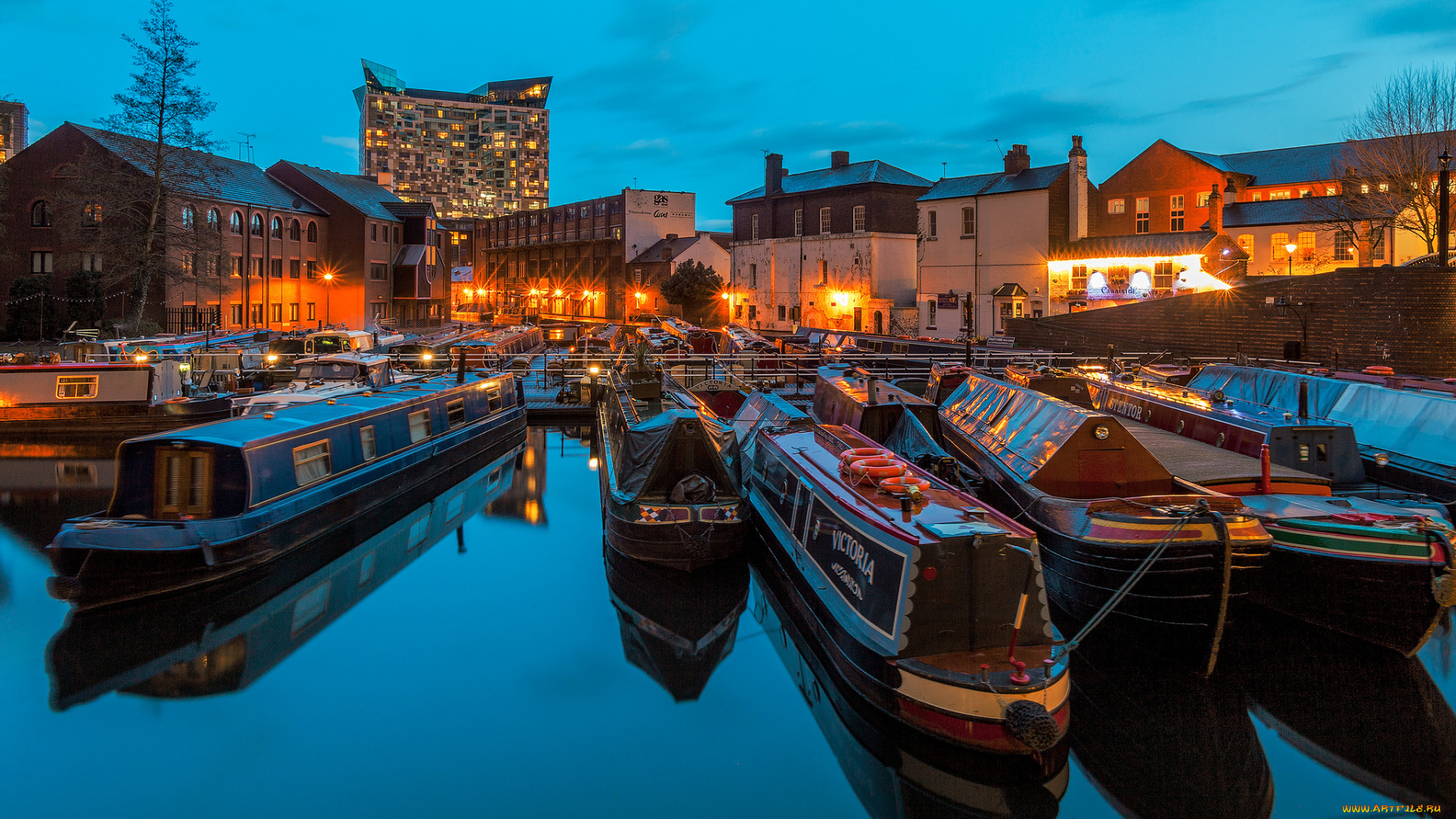 корабли, баржи, пристань, река, ночь