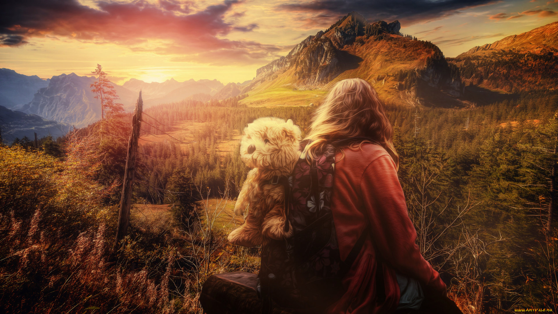 разное, компьютерный, дизайн, горы, облака, девушка, восход, игрушка