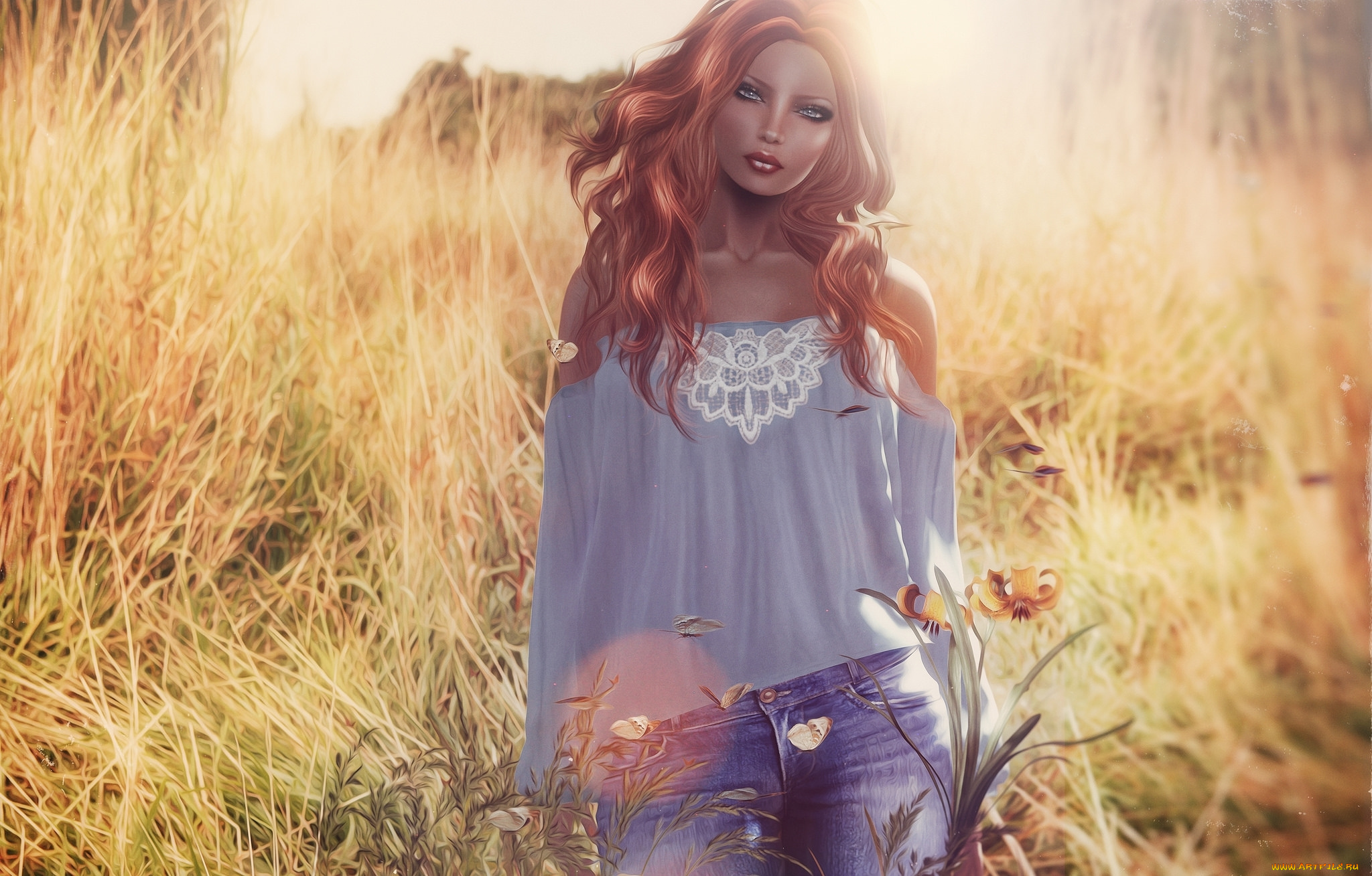 3д, графика, люди, , people, рыжая, лето, джинсы, поле, девушка
