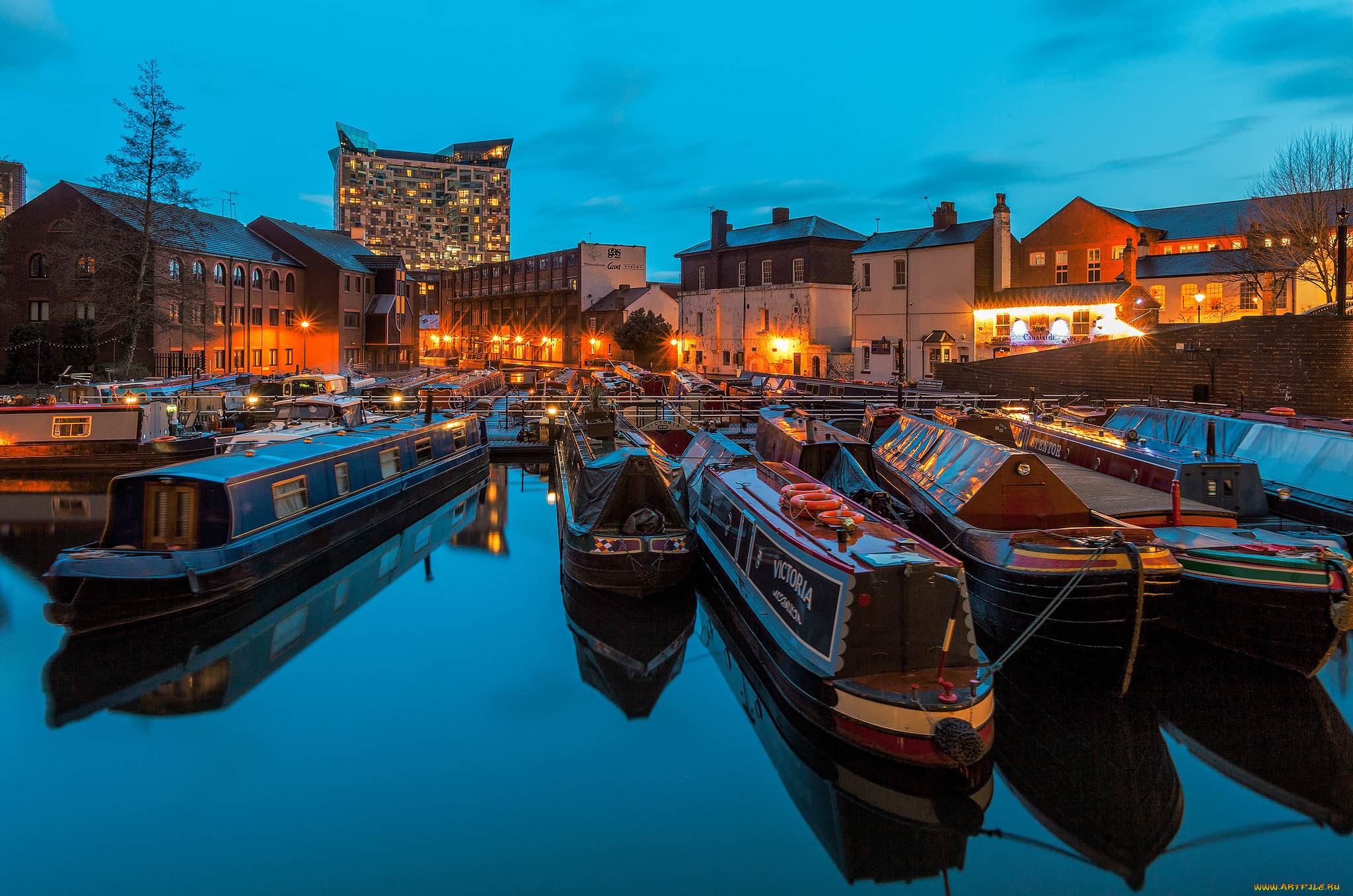 корабли, баржи, пристань, река, ночь