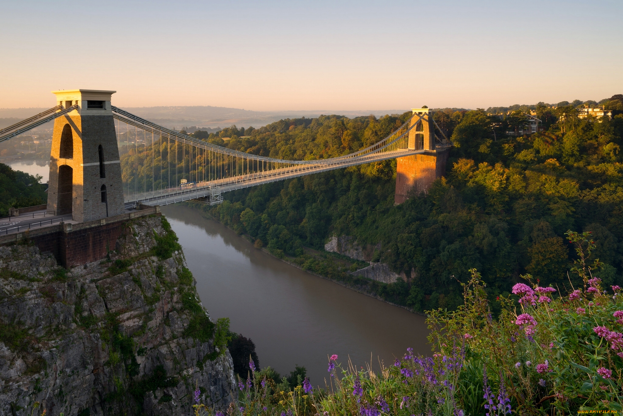 города, -, мосты, bristol, clifton, avon, gorge, панорама, цветы, река, suspension, bridge, мост, эйвон, англия, бристоль, клифтон, эйвонское, ущелье, клифтонский, england, river