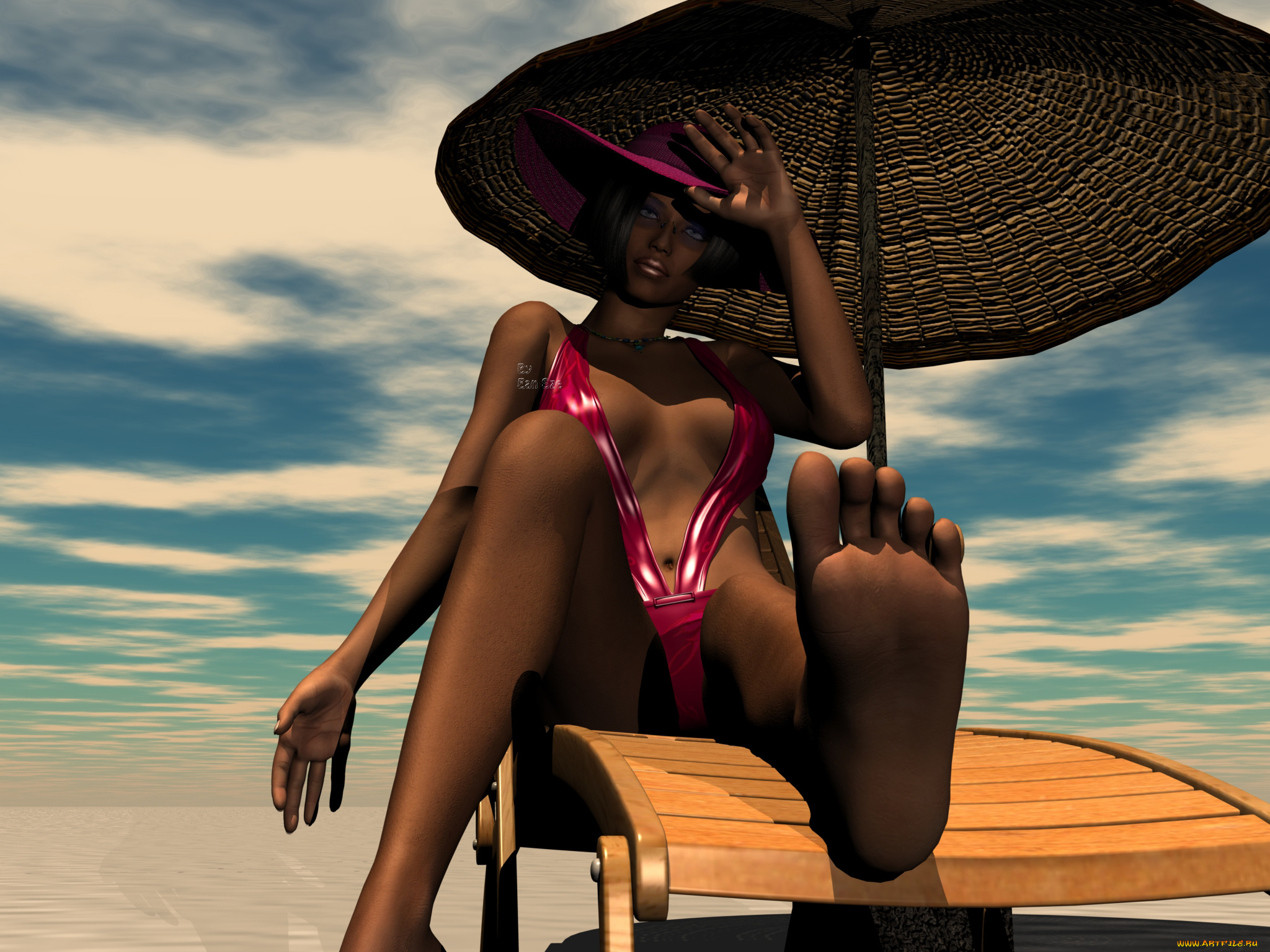 3д, графика, люди, , people, взгляд, зонтик, шезлонг, фон, девушка, пляж