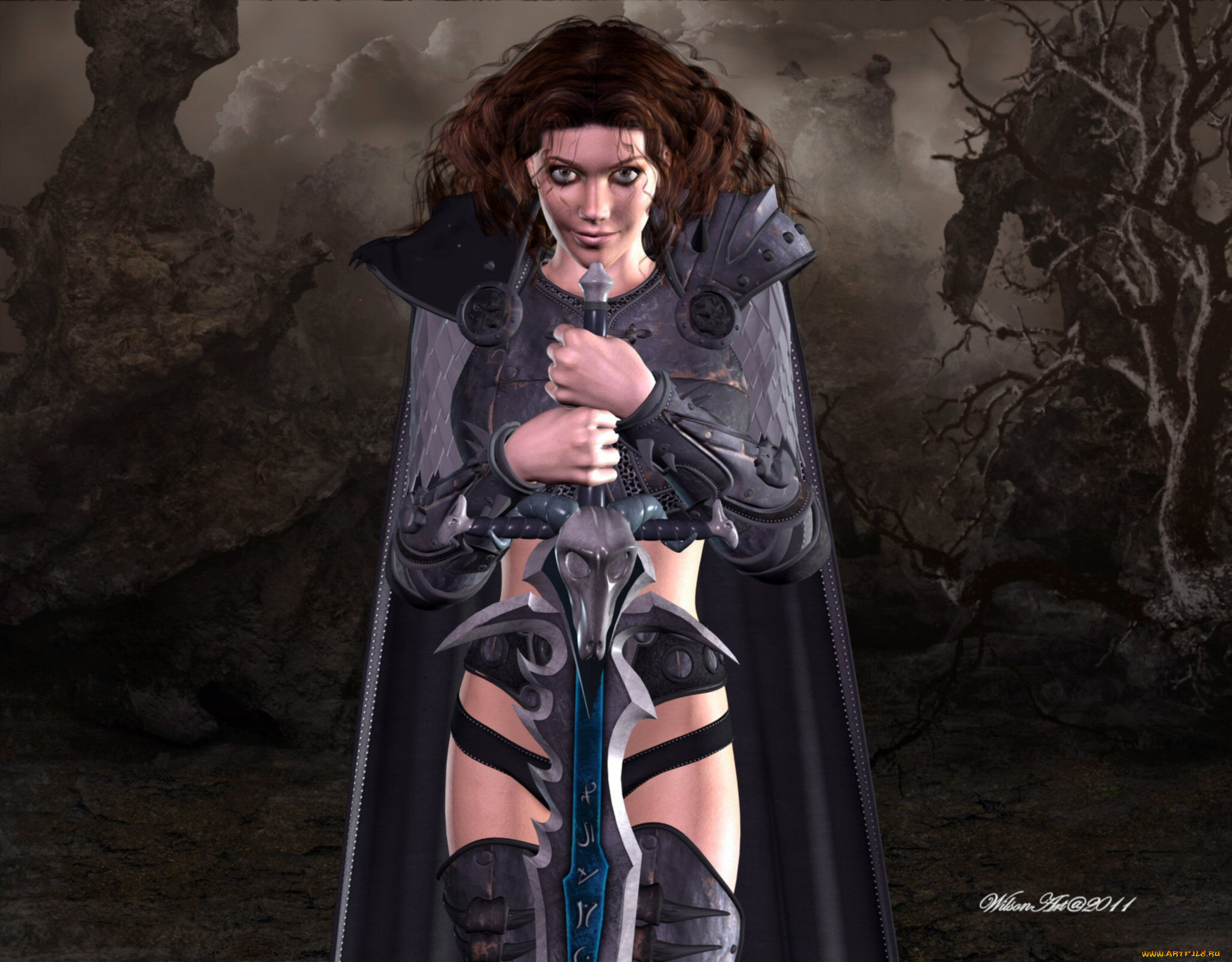 3д, графика, амазонки, , amazon, взгляд, девушка, улыбка, оружие, фон