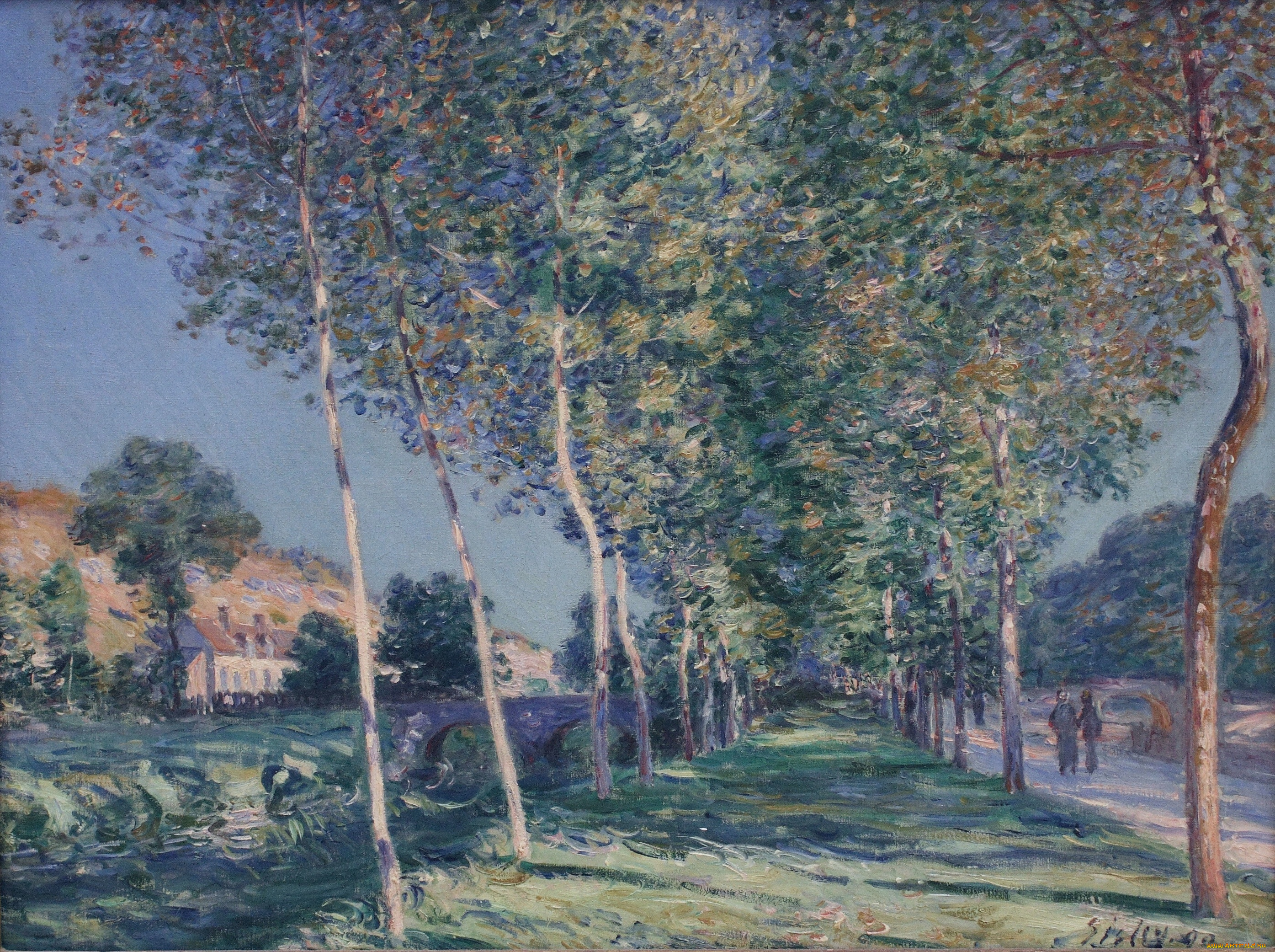 alley, of, poplars, in, the, outskirts, of, moret, sur, loing, рисованное, alfred, sisley, деревья, аллея, дом, люди, дорога
