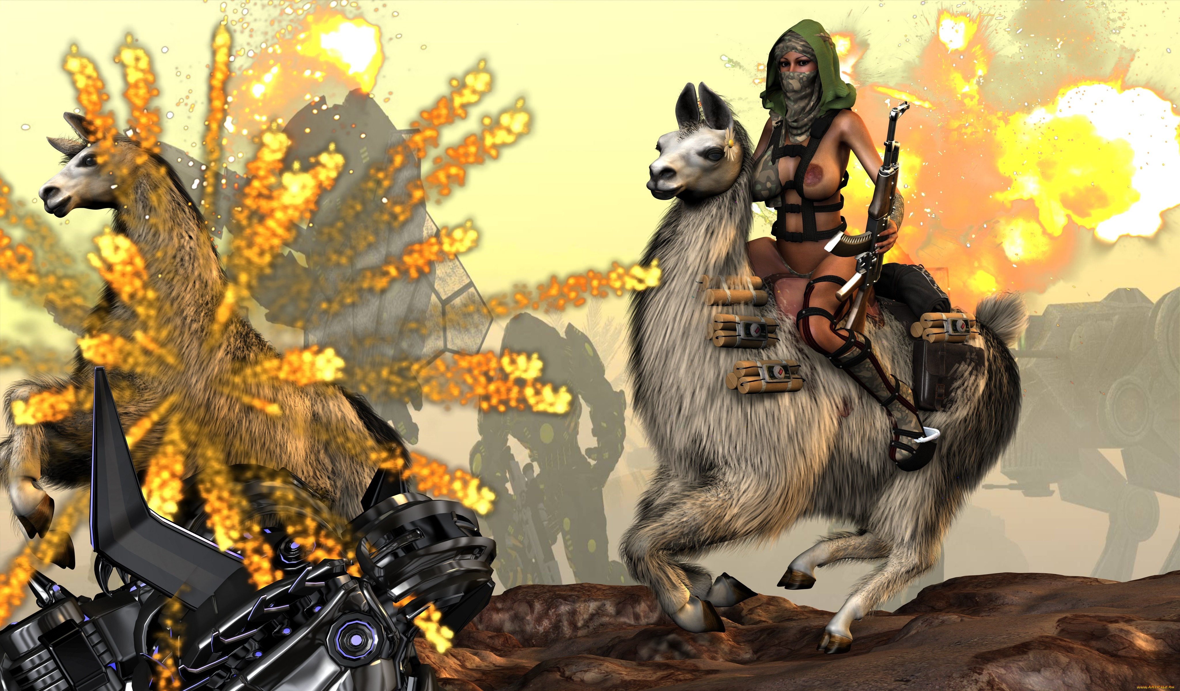 3д, графика, фантазия, , fantasy, ламы, фон, взгляд, взрыв, девушка