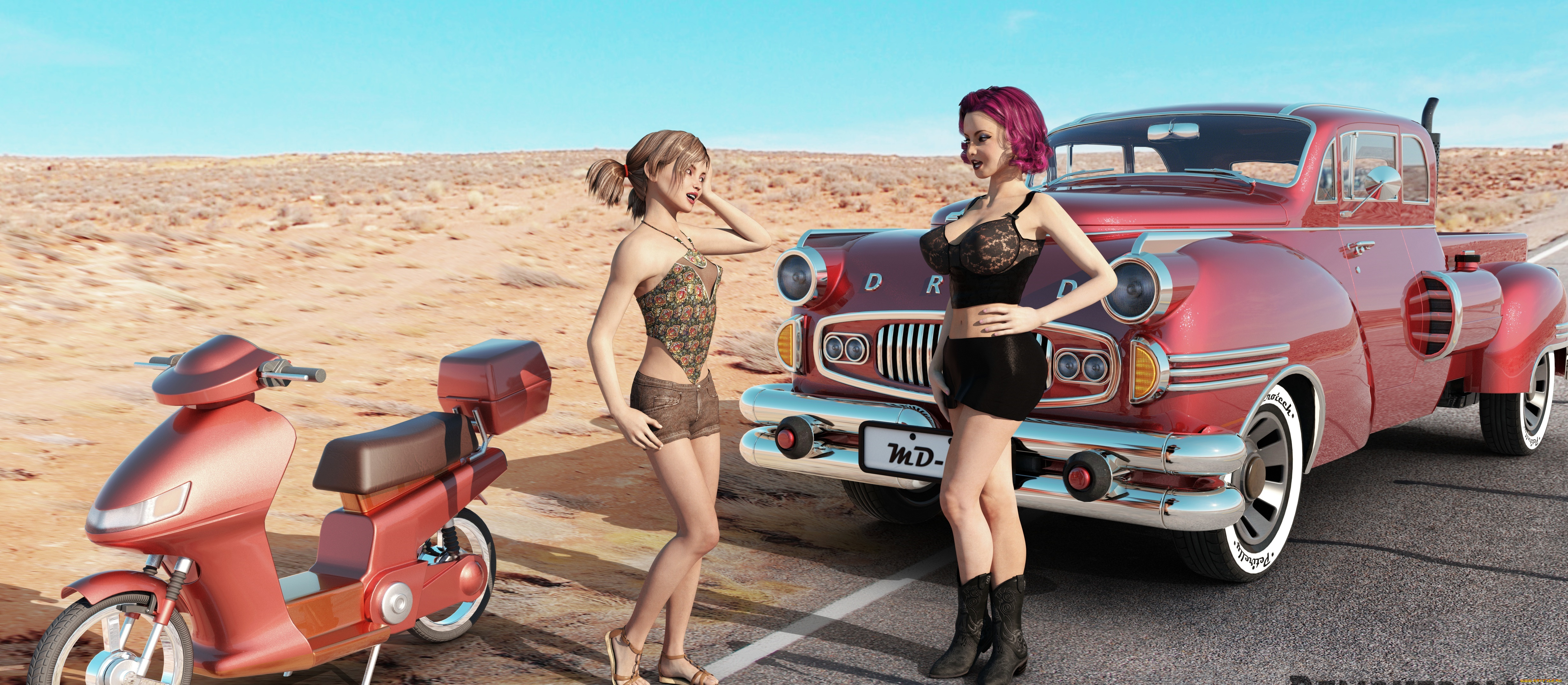 3д, графика, люди, , people, девушки, взгляд, фон, автомобиль, мотоцикл