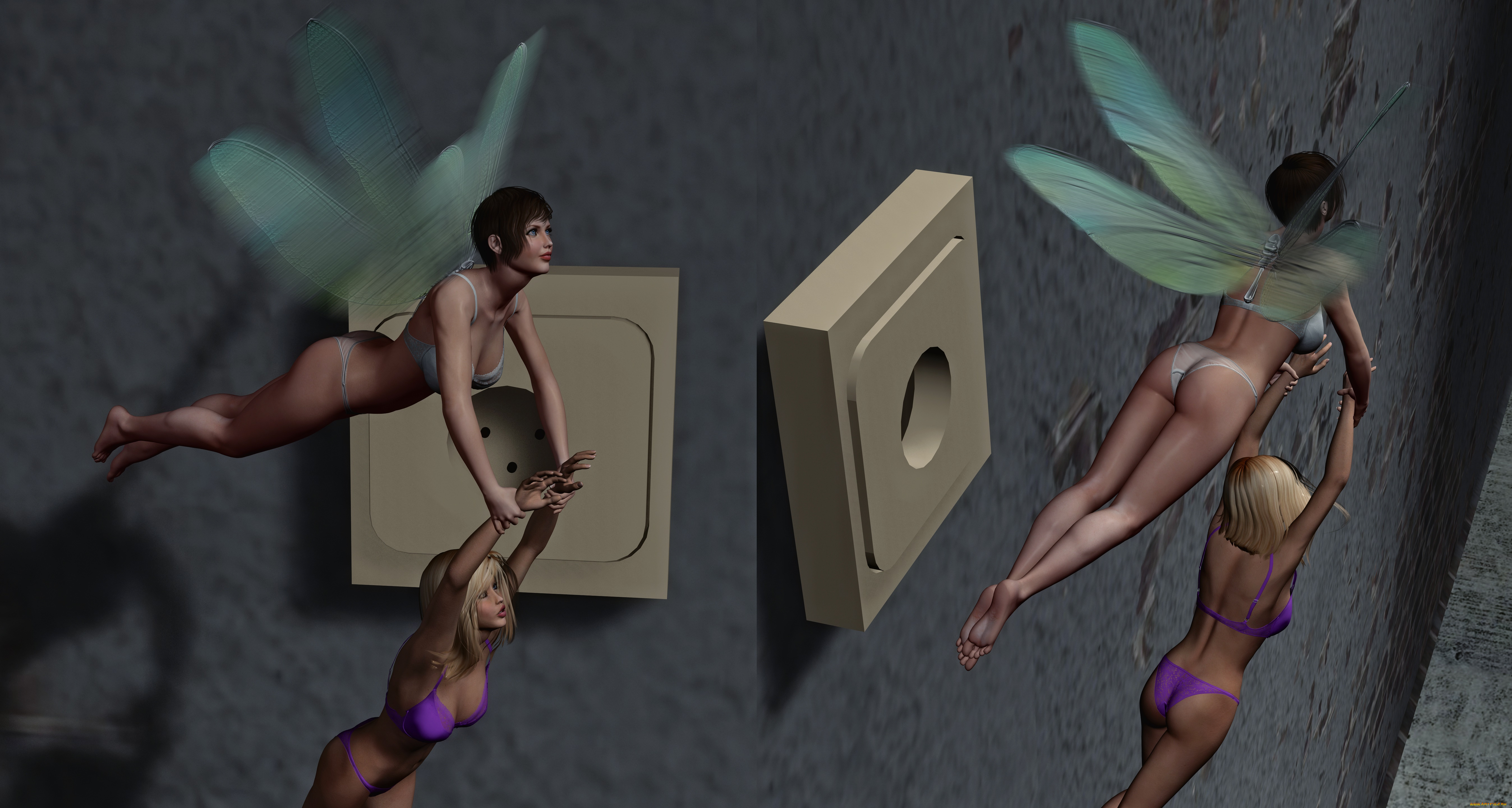 3д, графика, эльфы, , elves, полет, феи, девушки, фон, взгляд