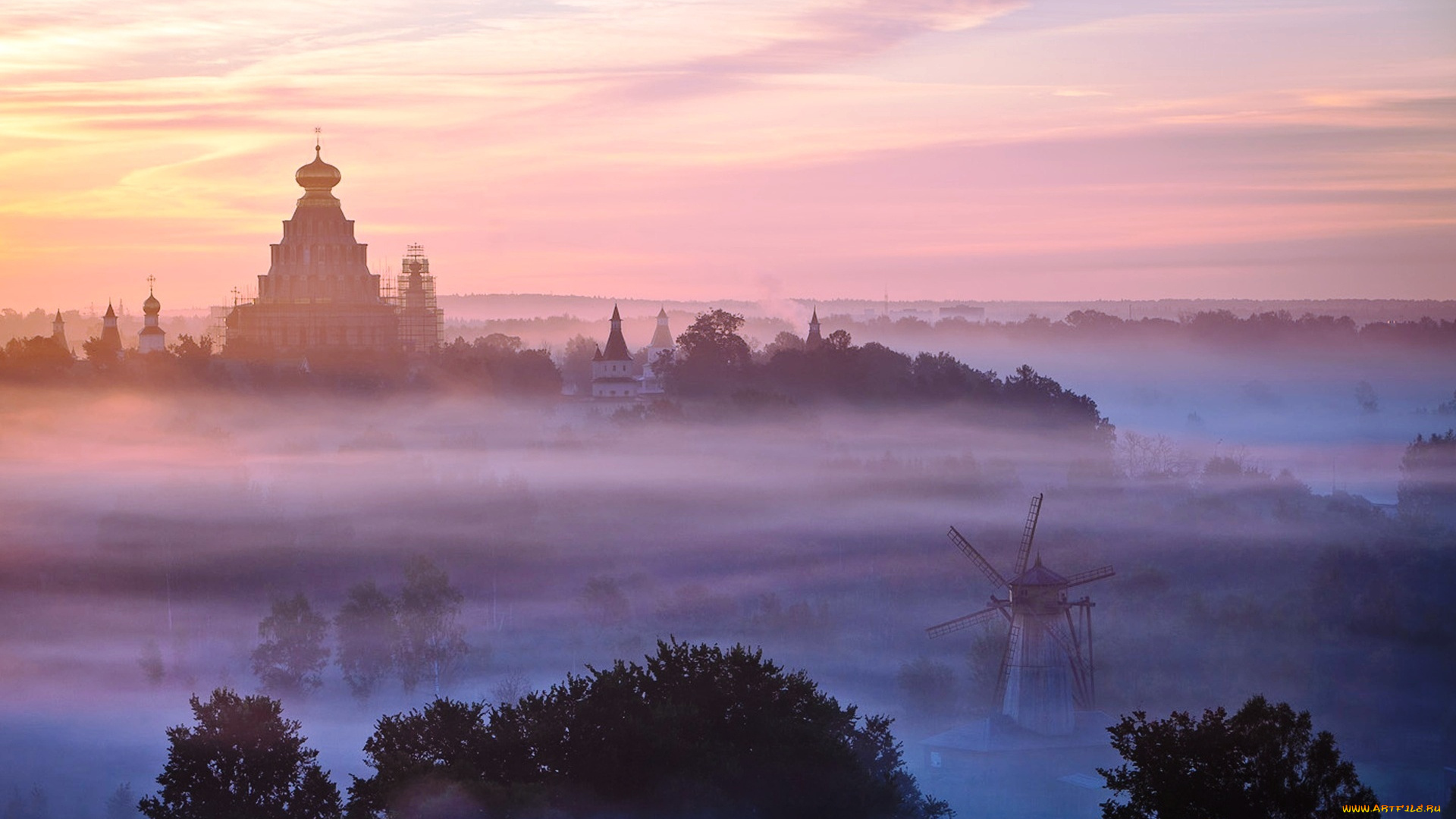 города, -, православные, церкви, , монастыри, утро, мельница, храм, туман