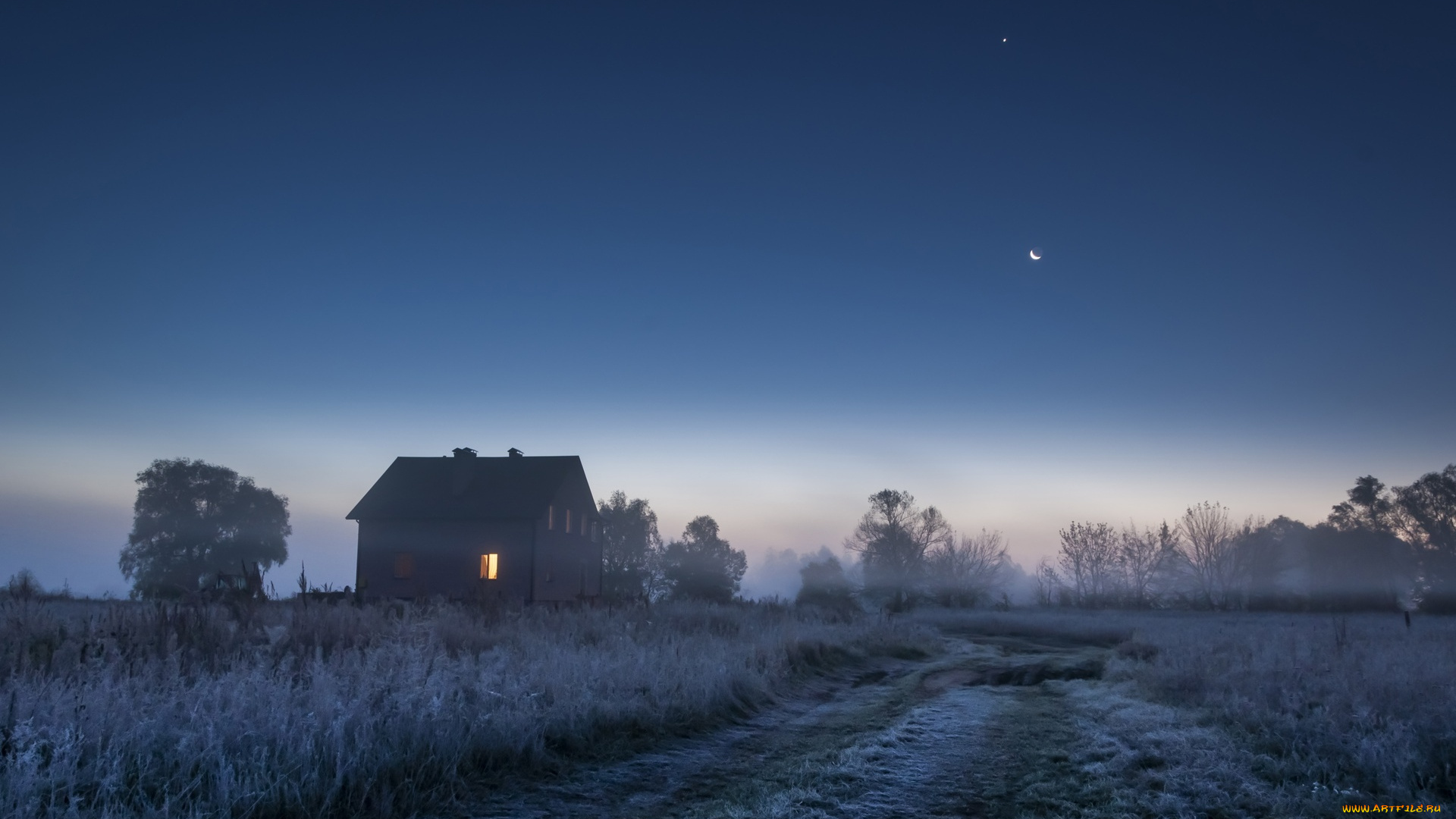 природа, дороги, изморозь, иней, дорога, трава, дом