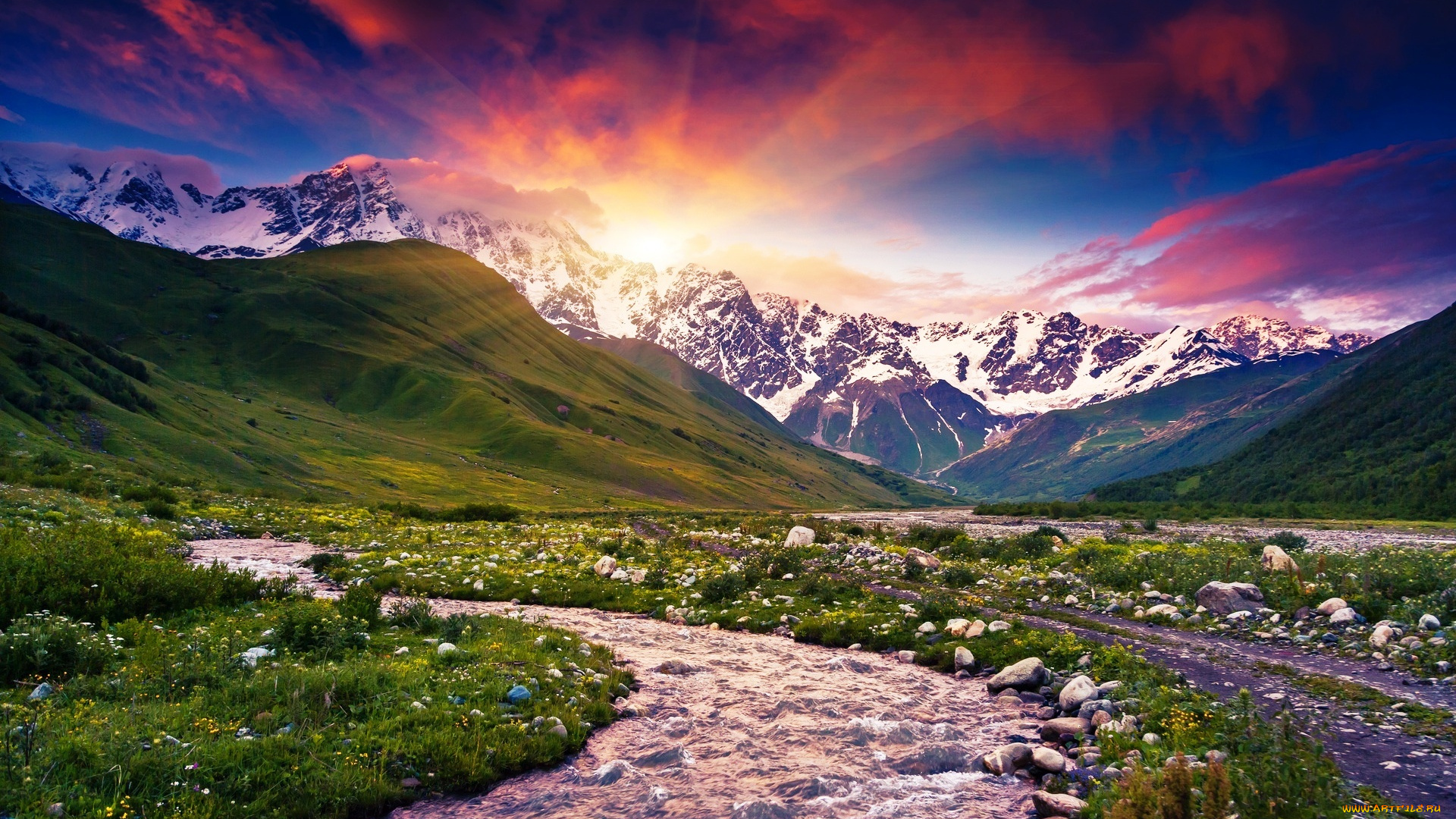 природа, реки, озера, закат, лучи, горы, трава, ручей