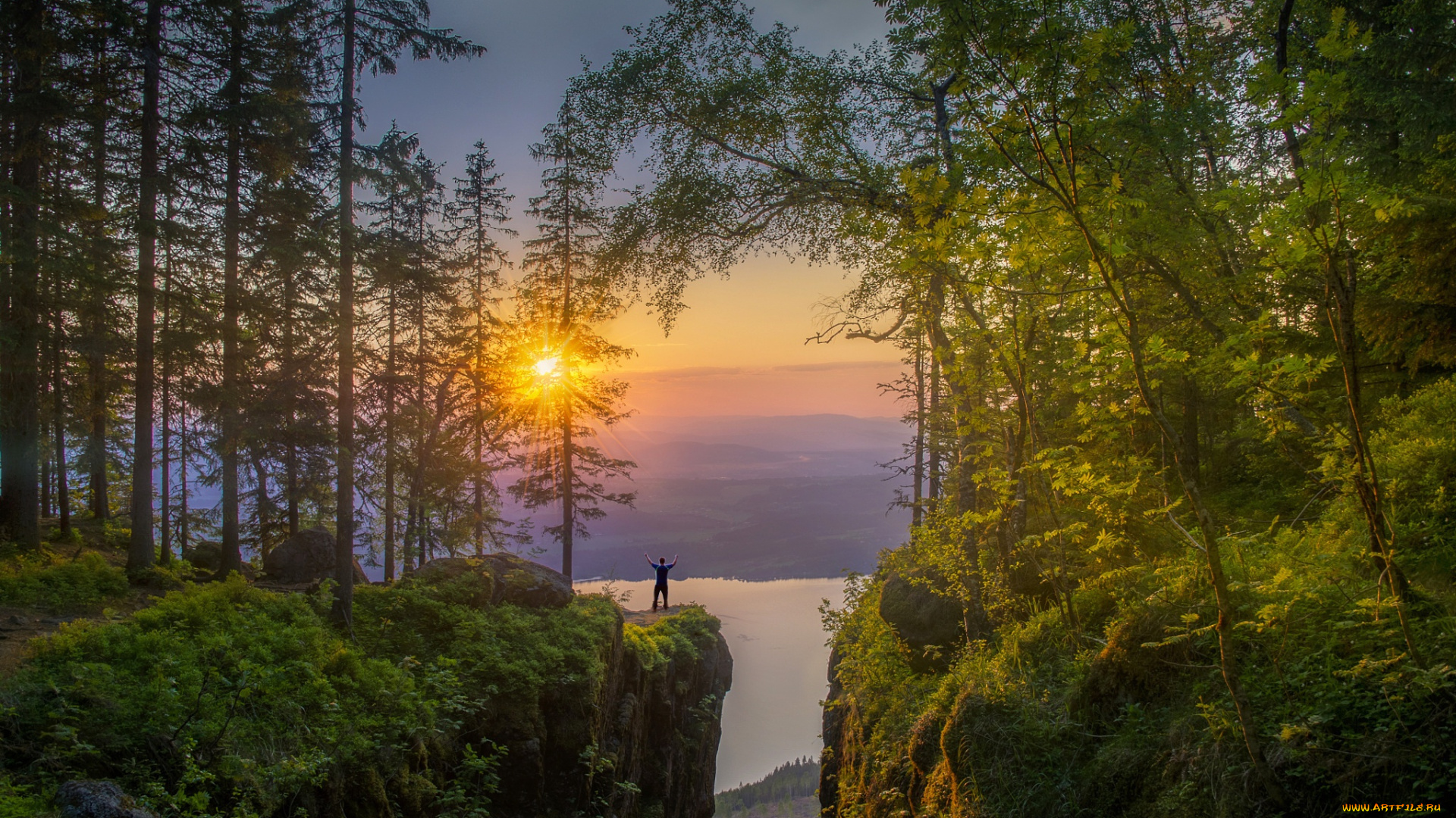 природа, восходы, закаты, закат, камни, скалы, jorn, allan, pedersen, солнце, лес, высота, озеро, человек, рассвет, деревья, норвегия, горы