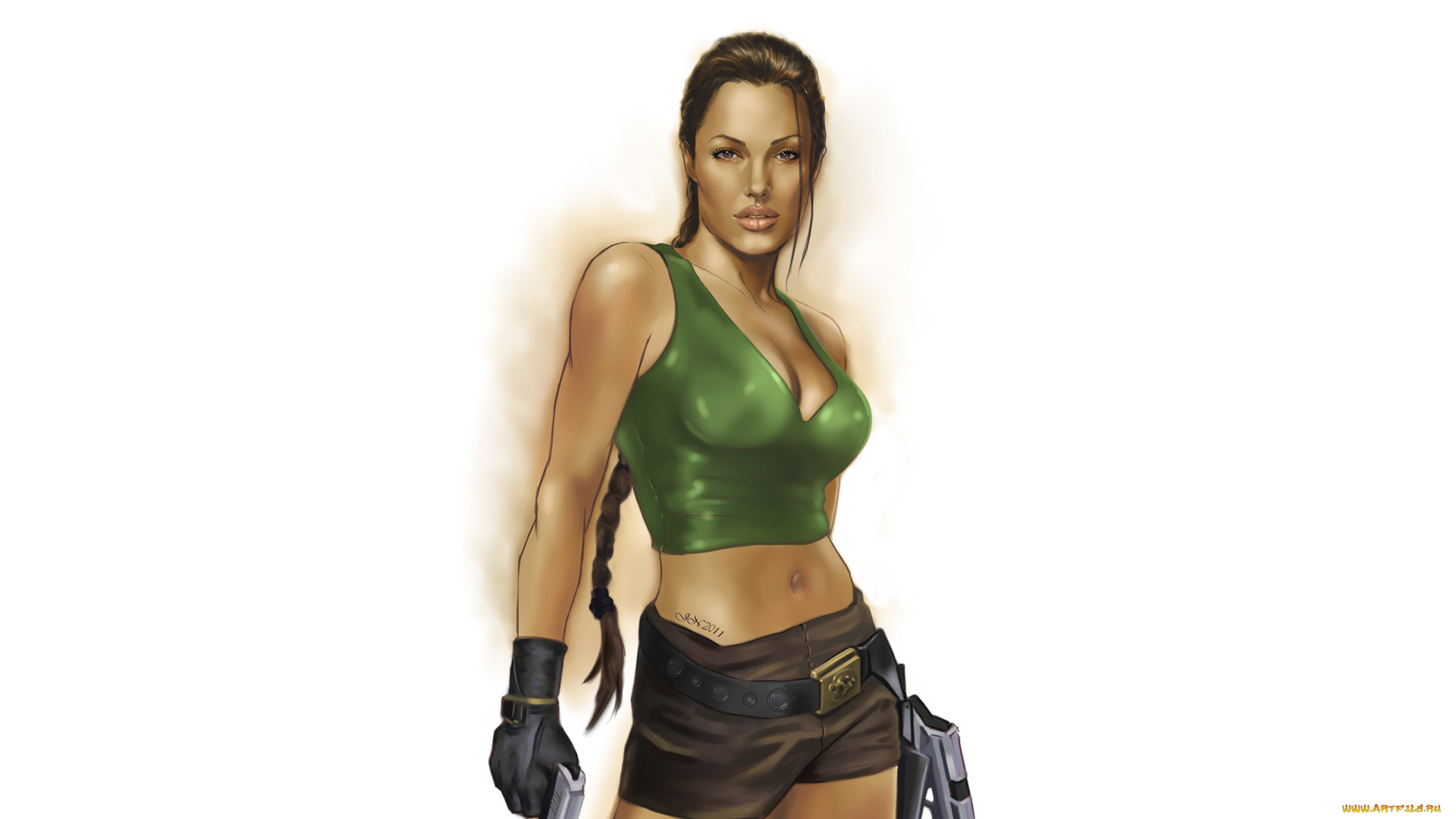 рисованное, комиксы, девушка, фон, взгляд, шорты, пистолет, коса