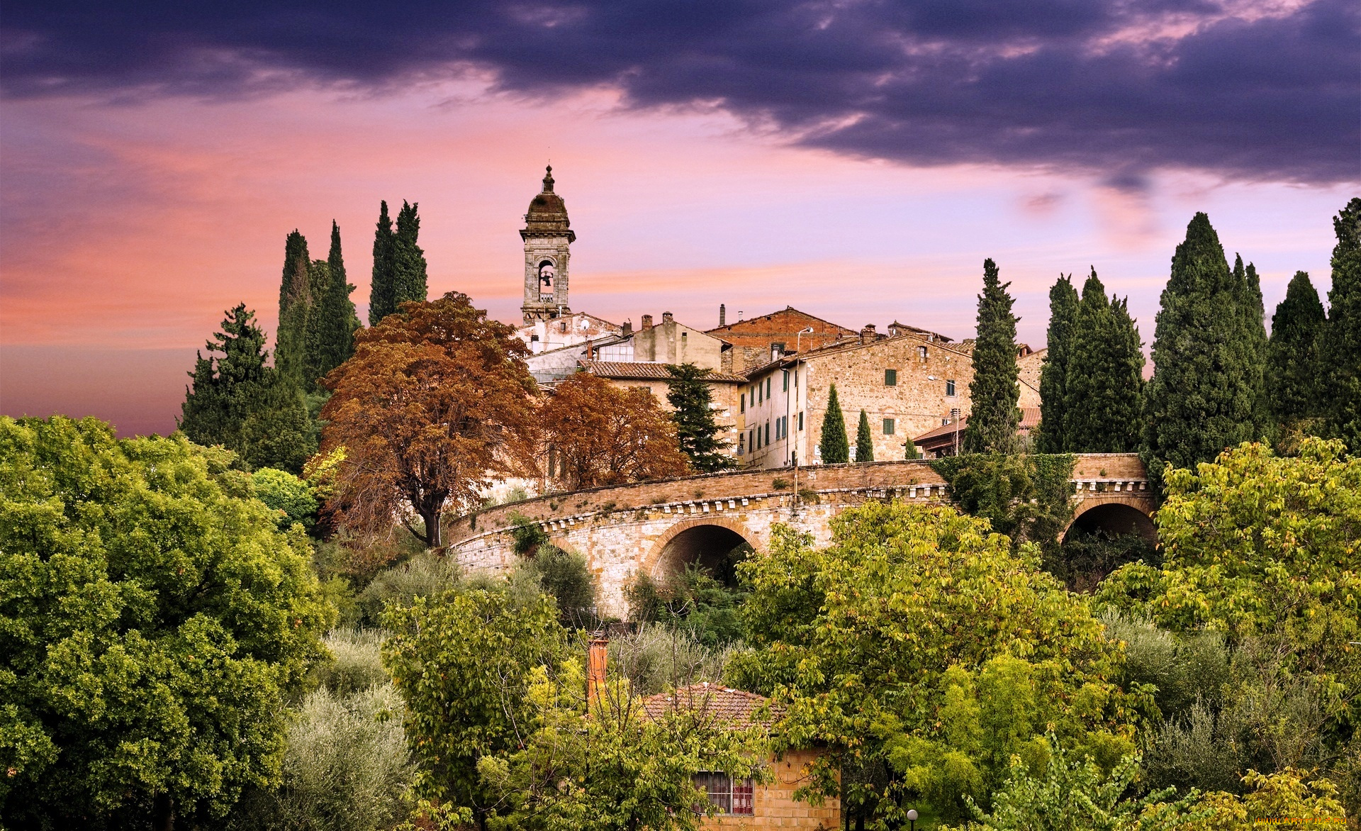 города, -, дворцы, , замки, , крепости, тоскана, закат, тучи, деревья, мост