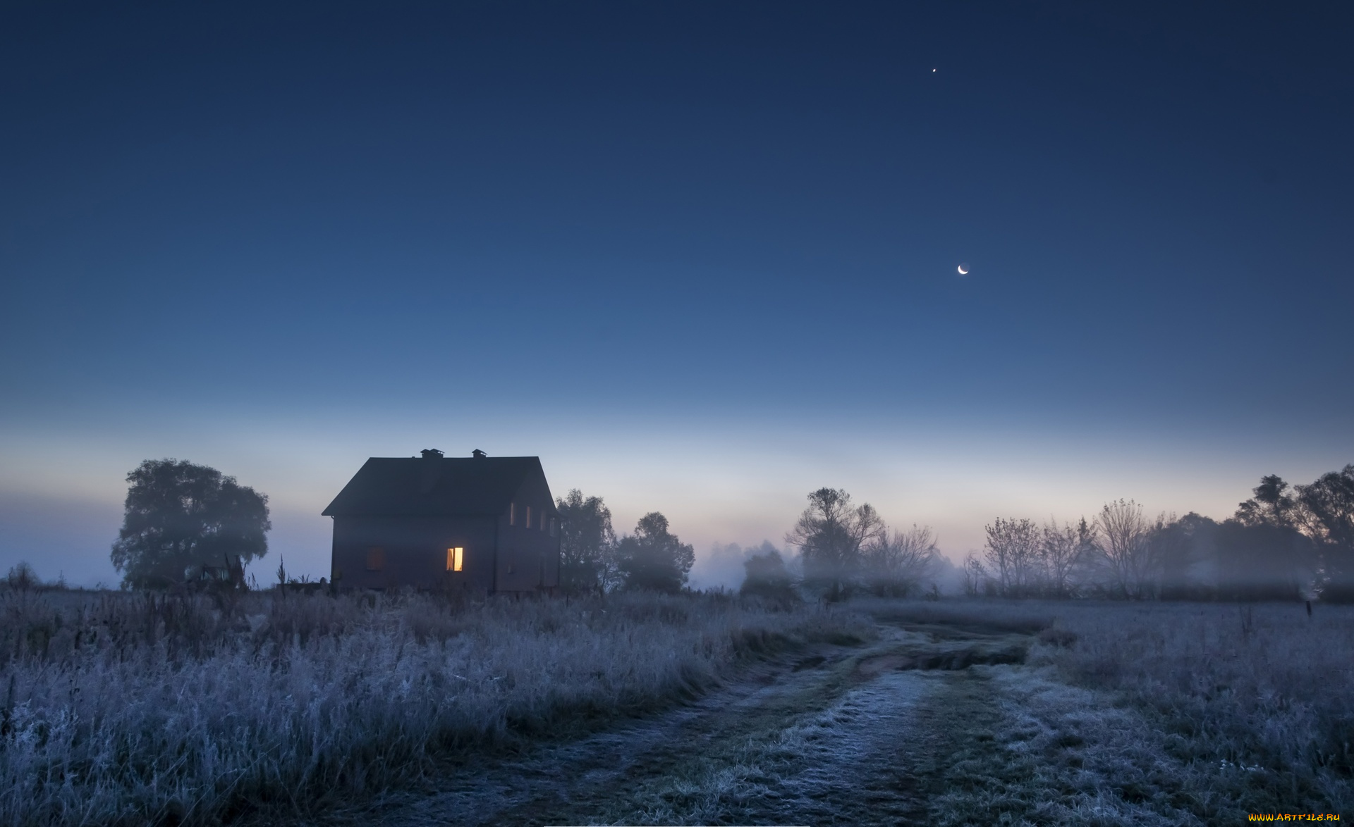природа, дороги, изморозь, иней, дорога, трава, дом