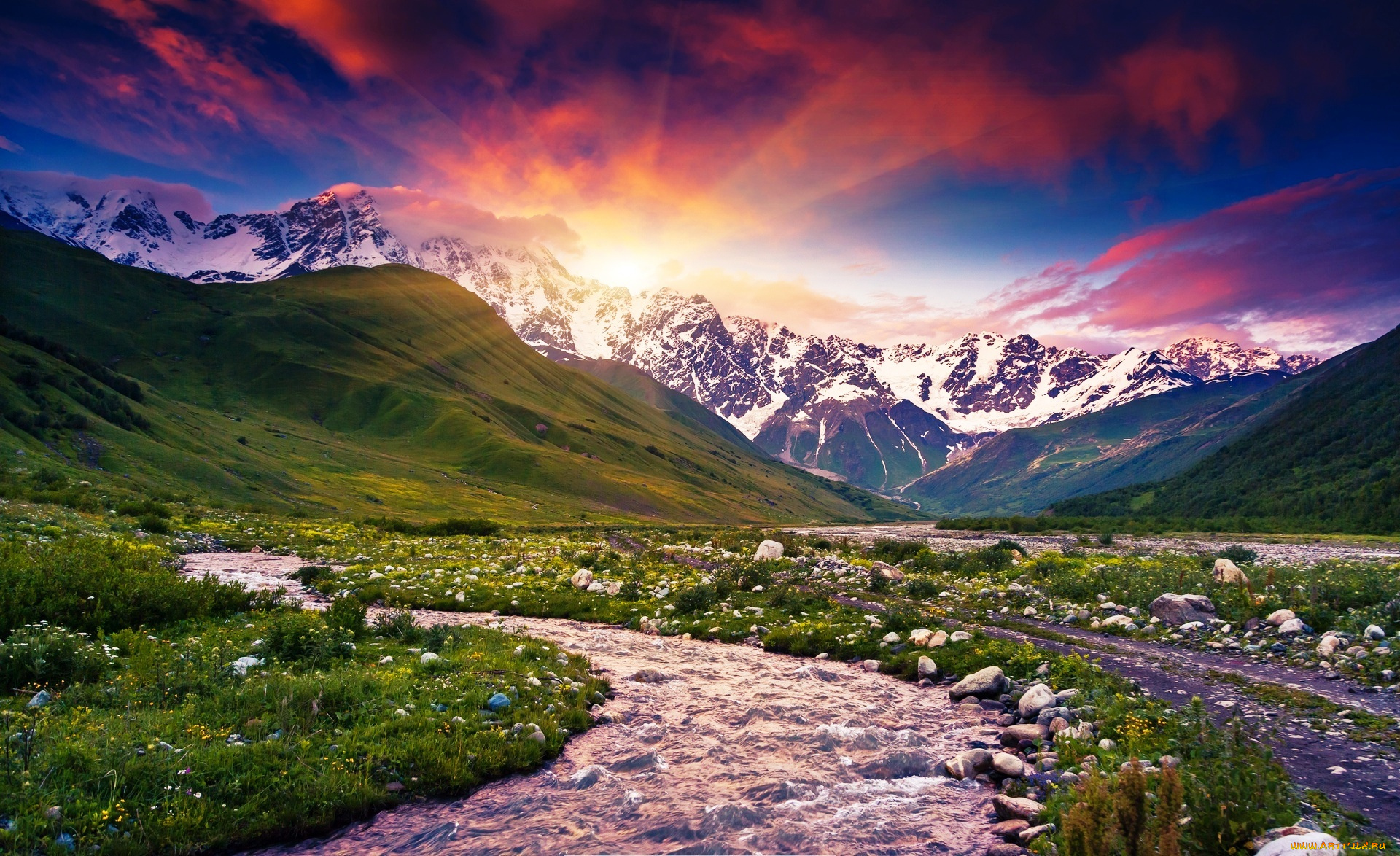 природа, реки, озера, закат, лучи, горы, трава, ручей