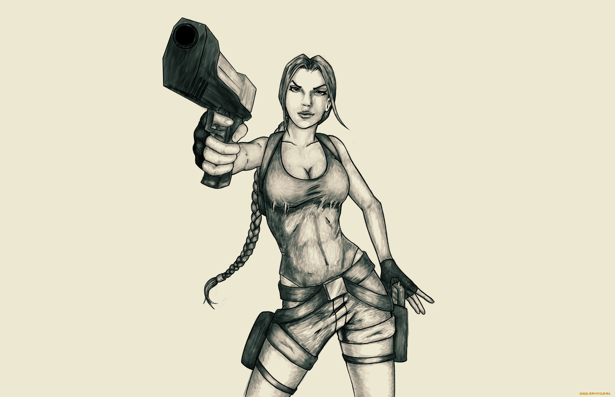 рисованное, комиксы, девушка, фон, взгляд, пистолет, коса