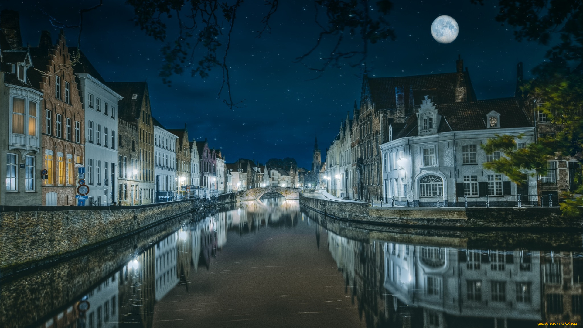 bruges, by, night, города, брюгге, , бельгия, ночь, огни, река