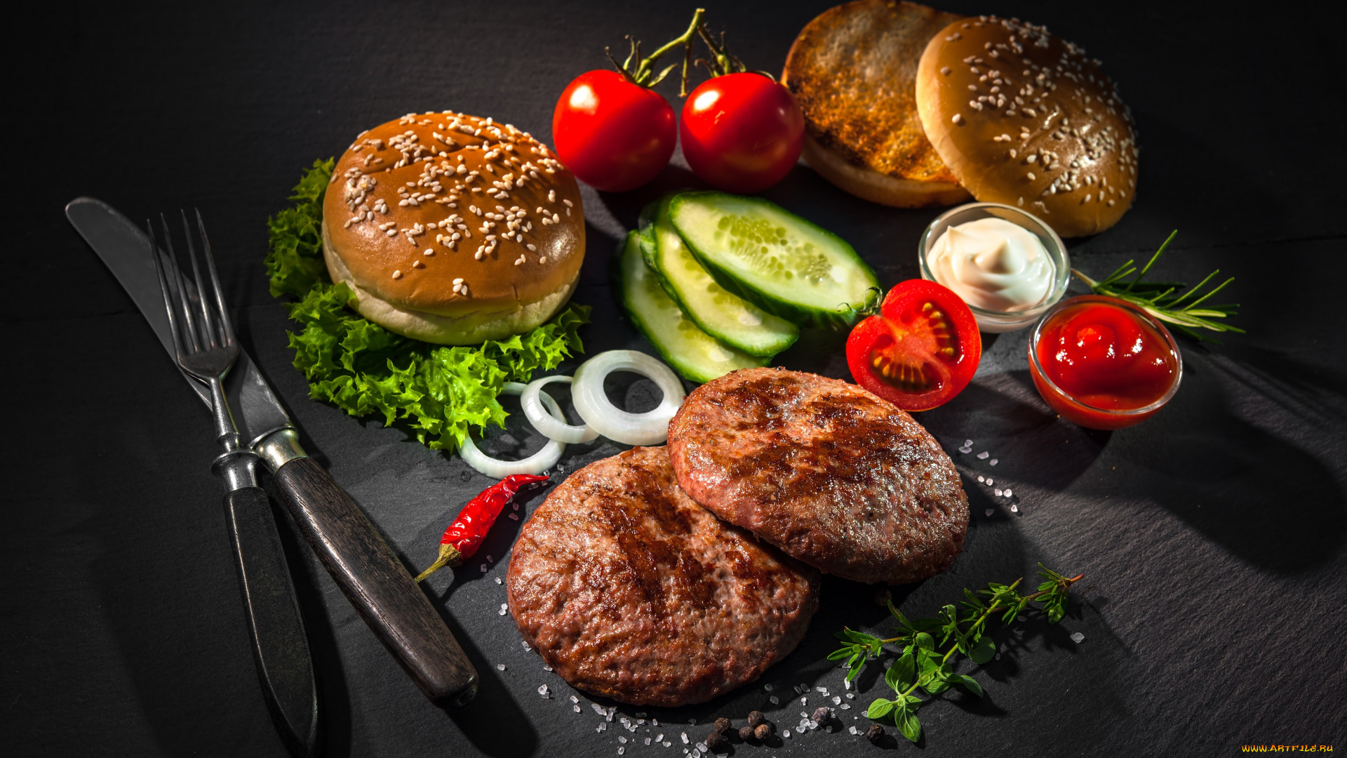 еда, бутерброды, , гамбургеры, , канапе, гамбургер, котлета, помидор, огурец, заготовка, томаты